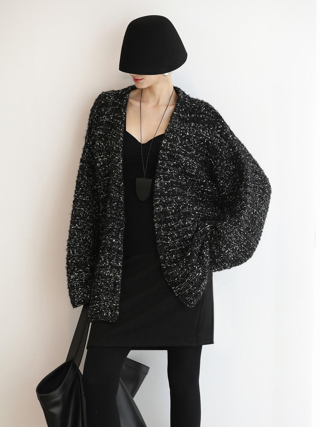 COCOBELLA Thick Commuter Loose Fit Mid Length Longsleeve Buttoned Knit Panda Color Sweater