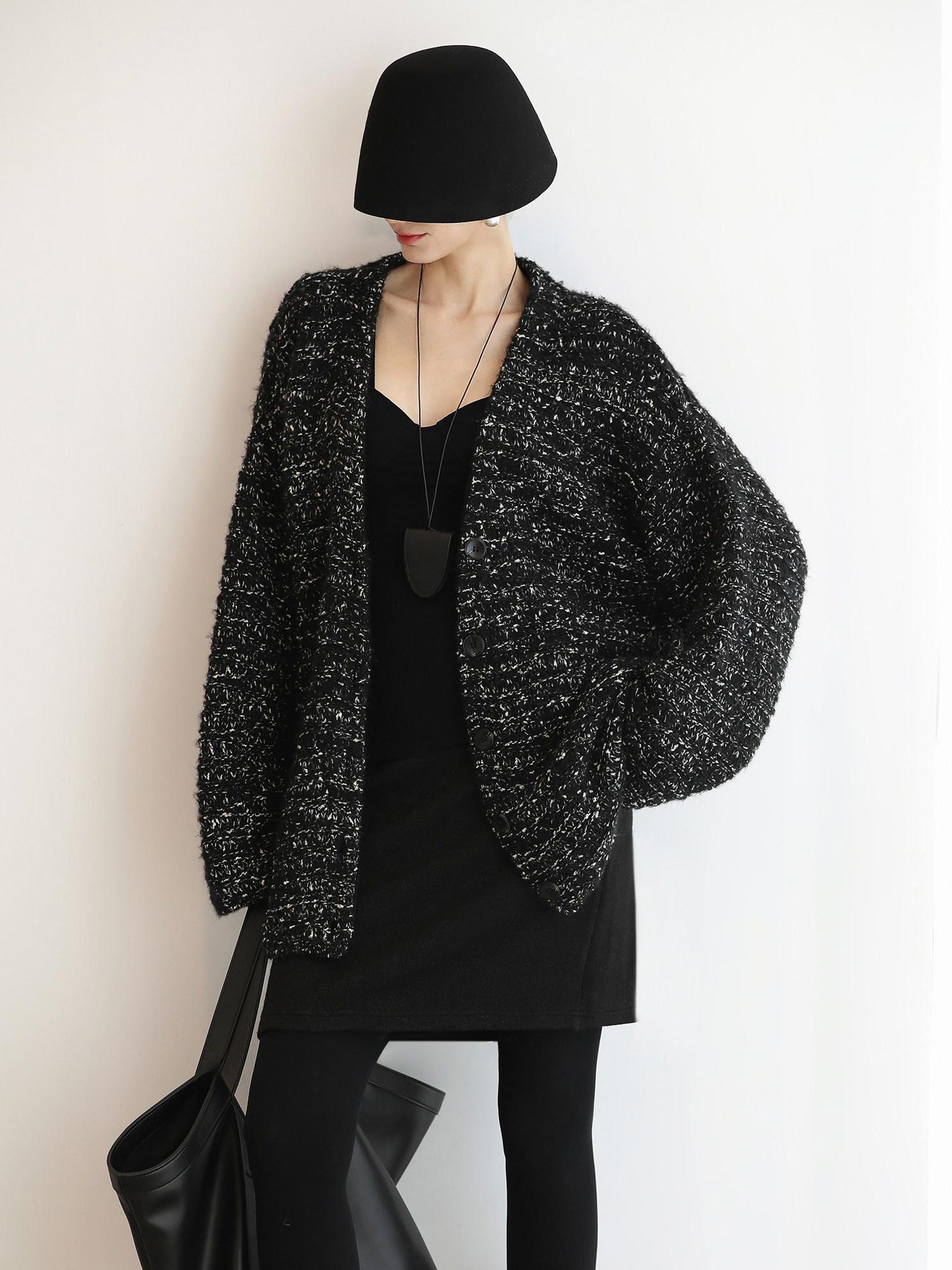 COCOBELLA Thick Commuter Loose Fit Mid Length Longsleeve Buttoned Knit Panda Color Sweater