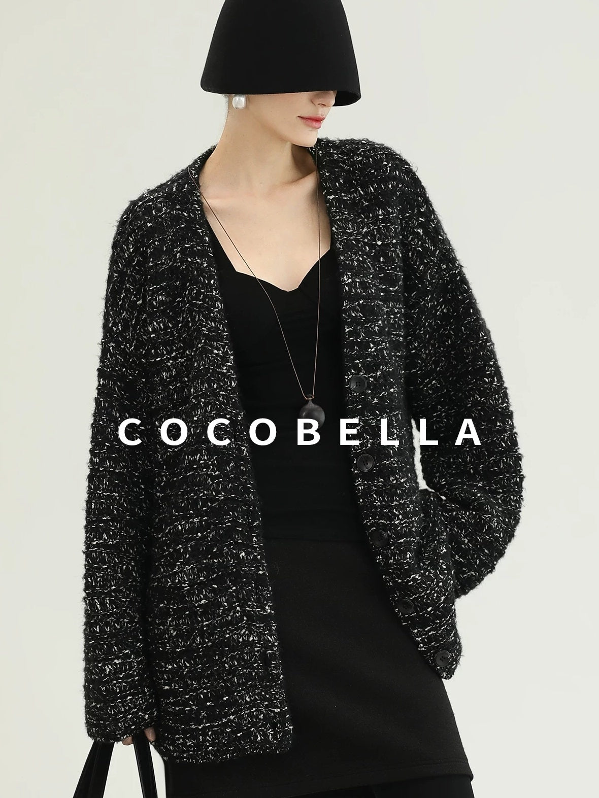 COCOBELLA Thick Commuter Loose Fit Mid Length Longsleeve Buttoned Knit Panda Color Sweater