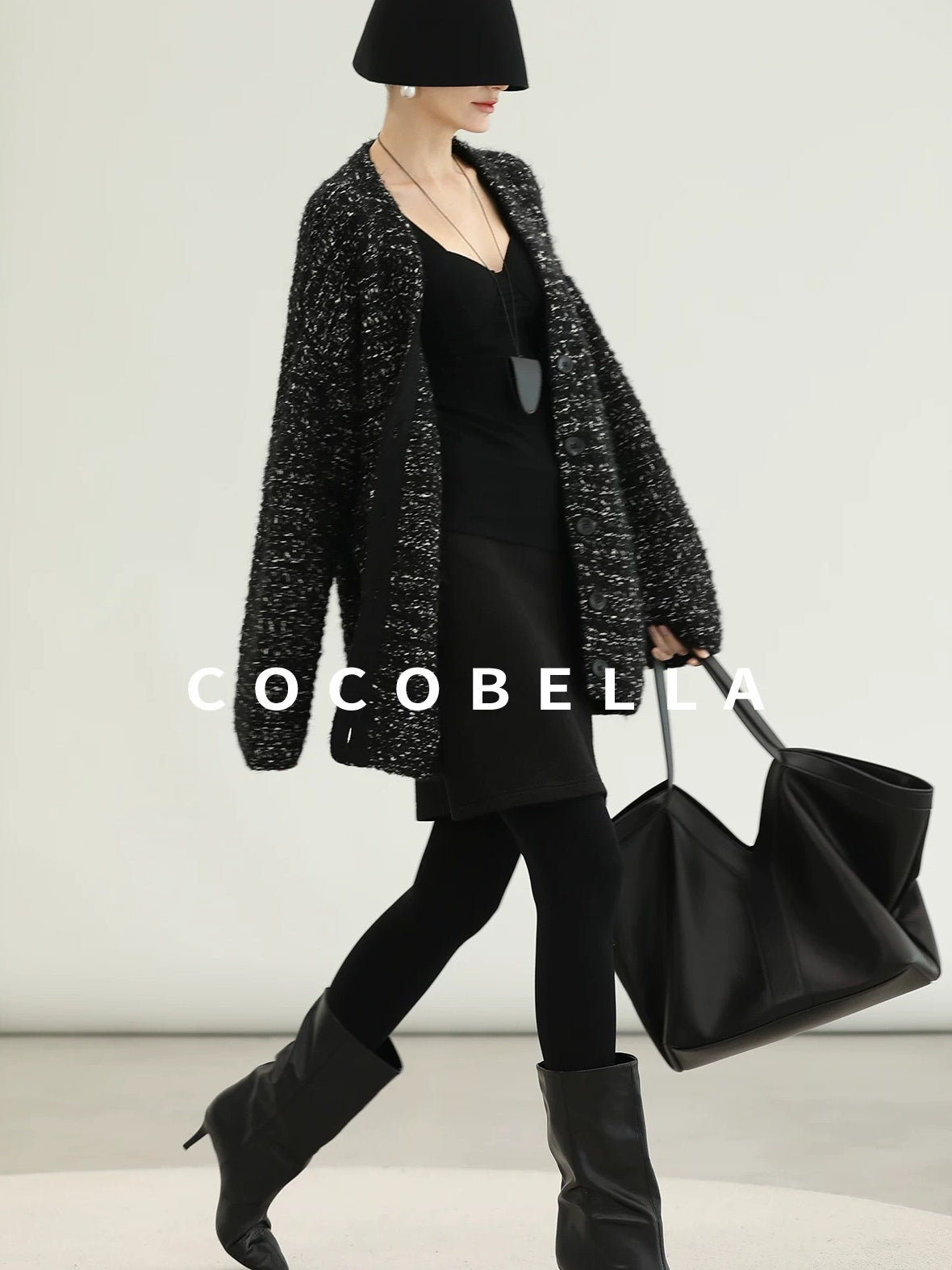 COCOBELLA Thick Commuter Loose Fit Mid Length Longsleeve Buttoned Knit Panda Color Sweater