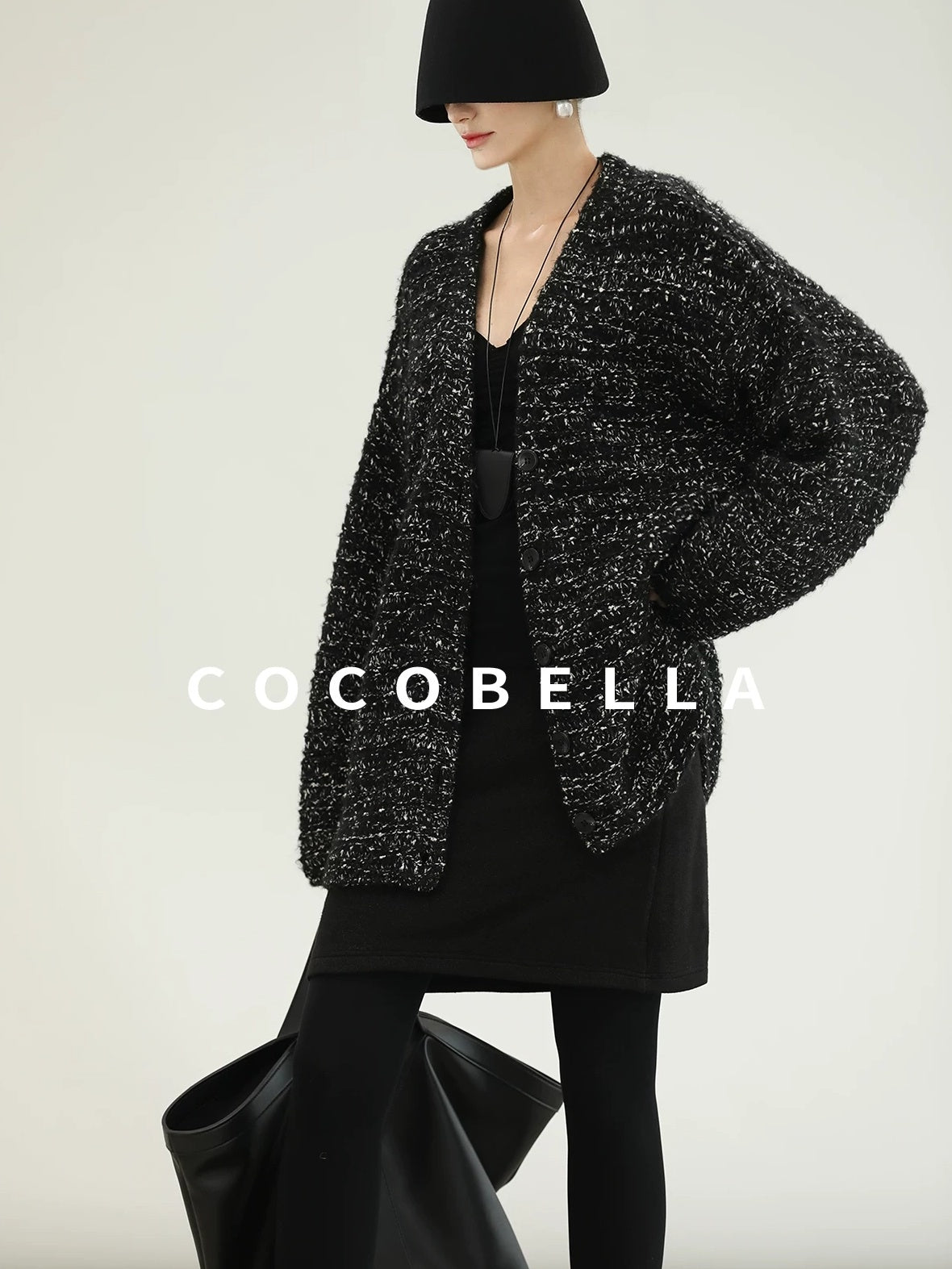 COCOBELLA Thick Commuter Loose Fit Mid Length Longsleeve Buttoned Knit Panda Color Sweater