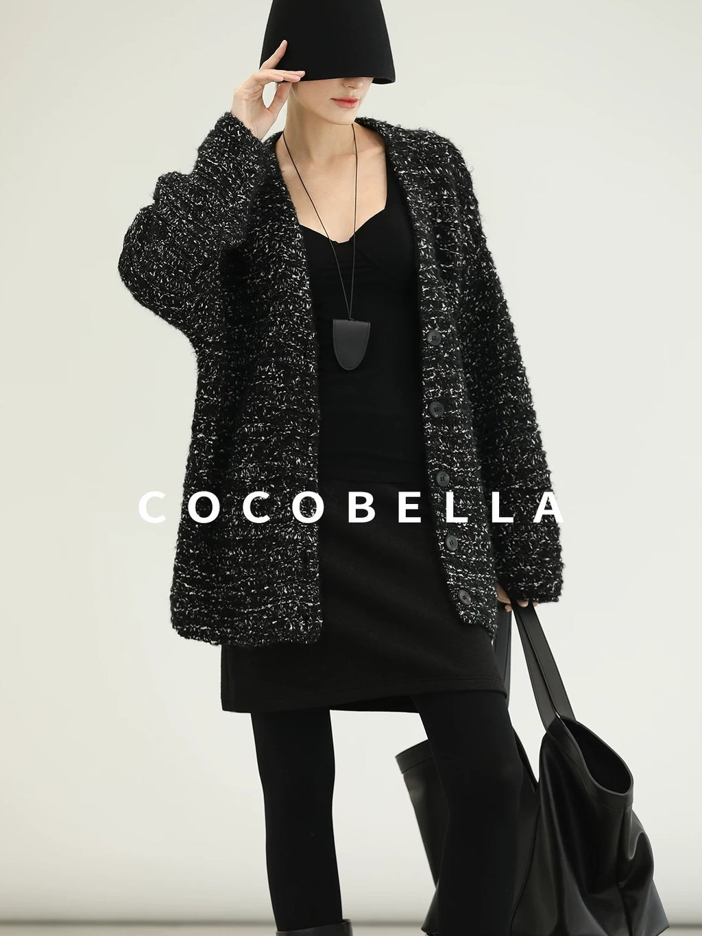 COCOBELLA Thick Commuter Loose Fit Mid Length Longsleeve Buttoned Knit Panda Color Sweater