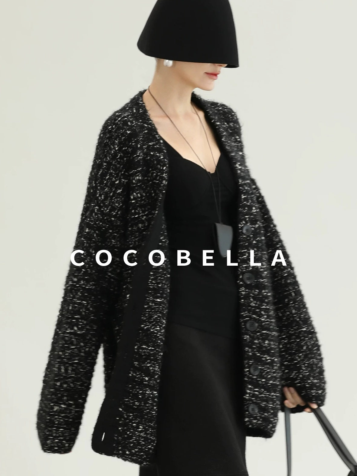 COCOBELLA Thick Commuter Loose Fit Mid Length Longsleeve Buttoned Knit Panda Color Sweater