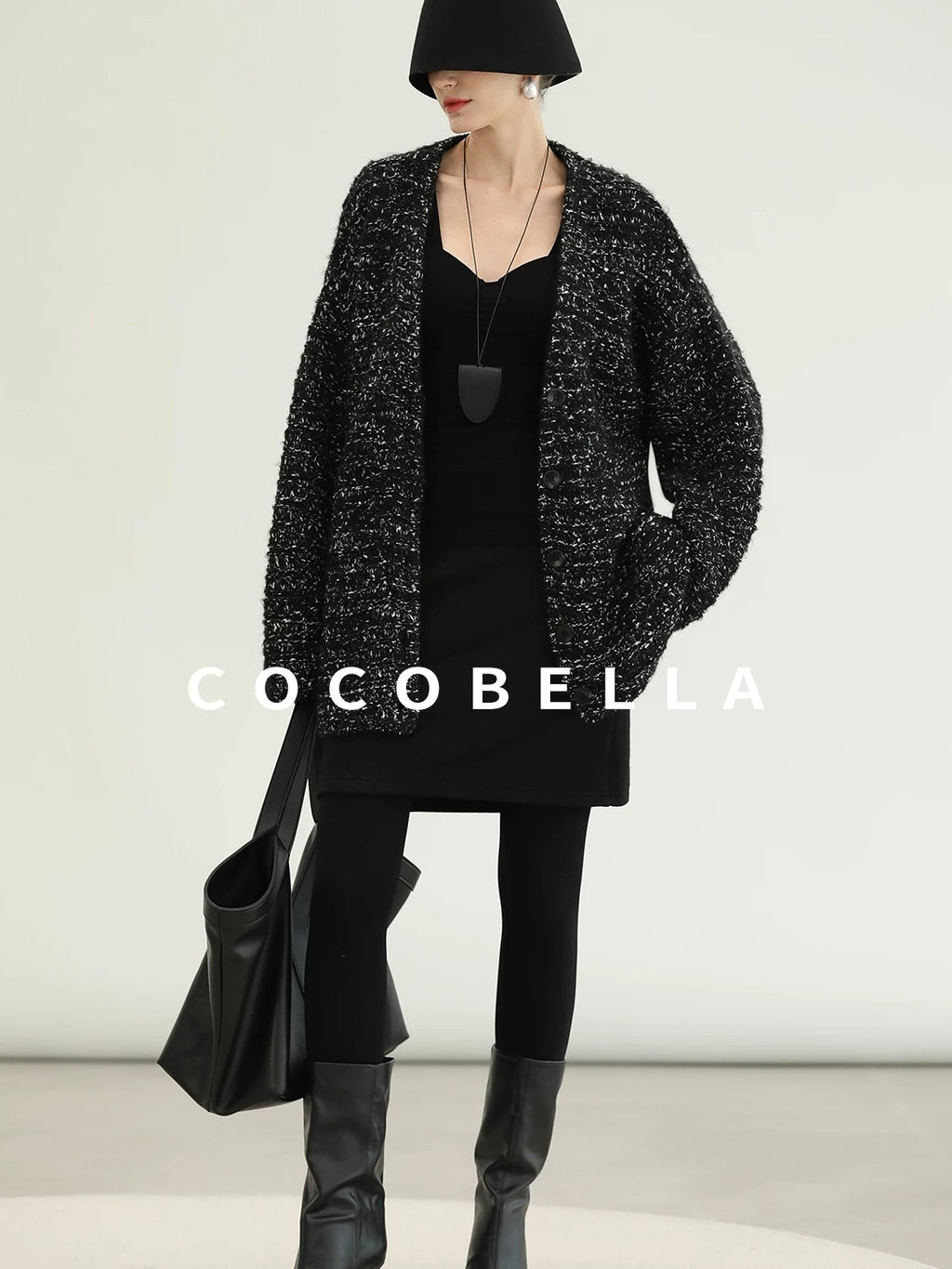 COCOBELLA Thick Commuter Loose Fit Mid Length Longsleeve Buttoned Knit Panda Color Sweater