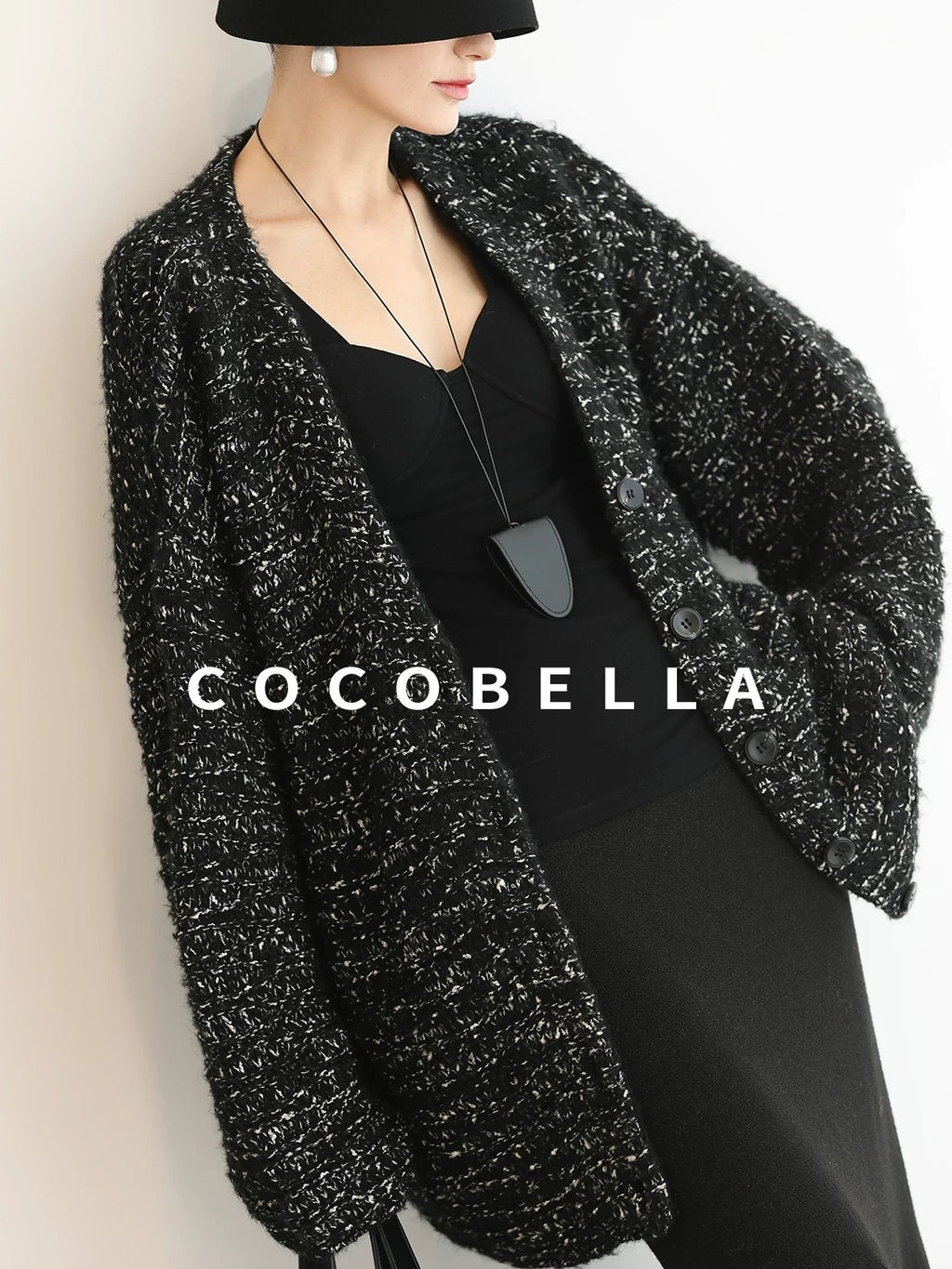 COCOBELLA Thick Commuter Loose Fit Mid Length Longsleeve Buttoned Knit Panda Color Sweater