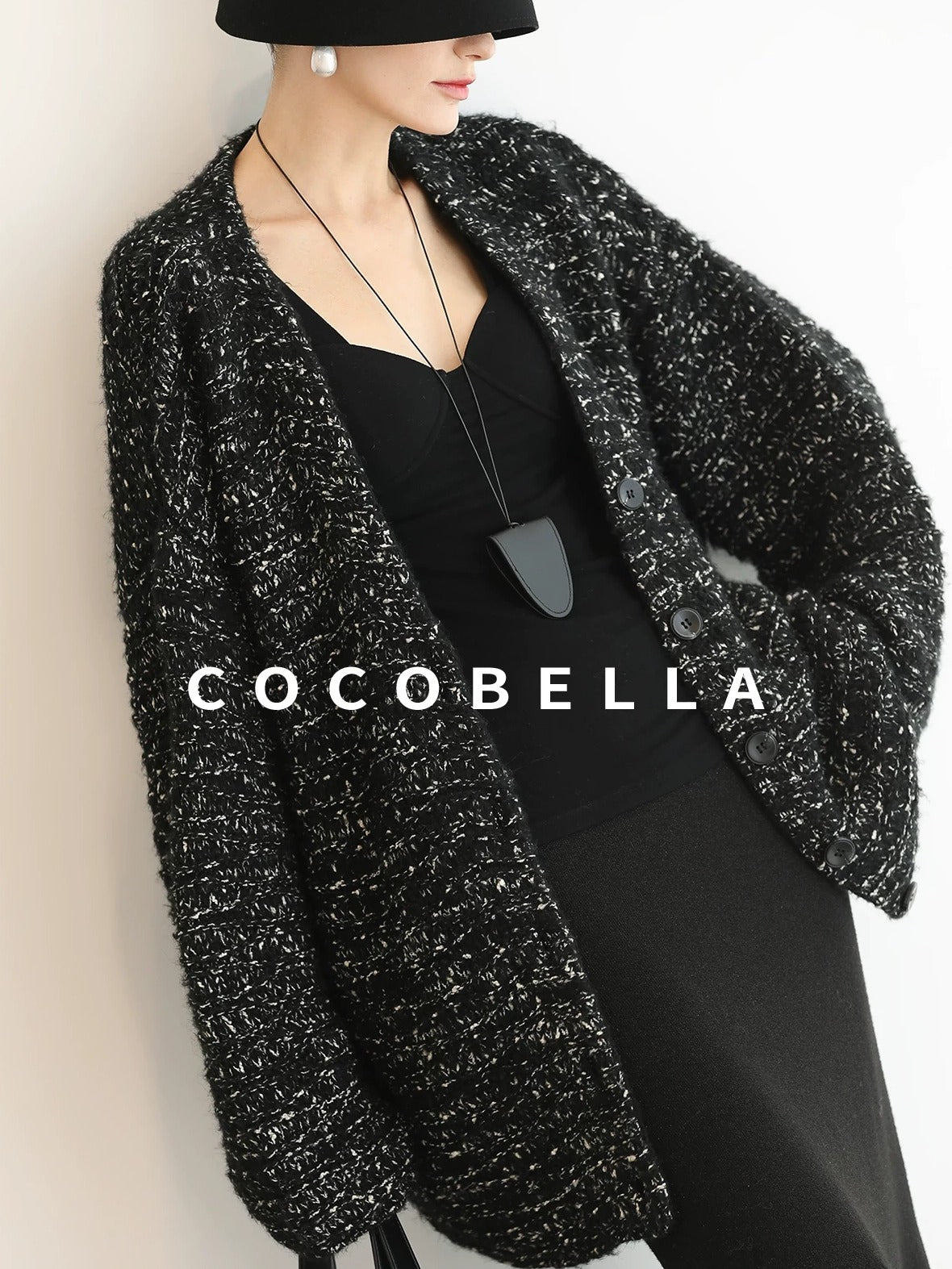 COCOBELLA Thick Commuter Loose Fit Mid Length Longsleeve Buttoned Knit Panda Color Sweater