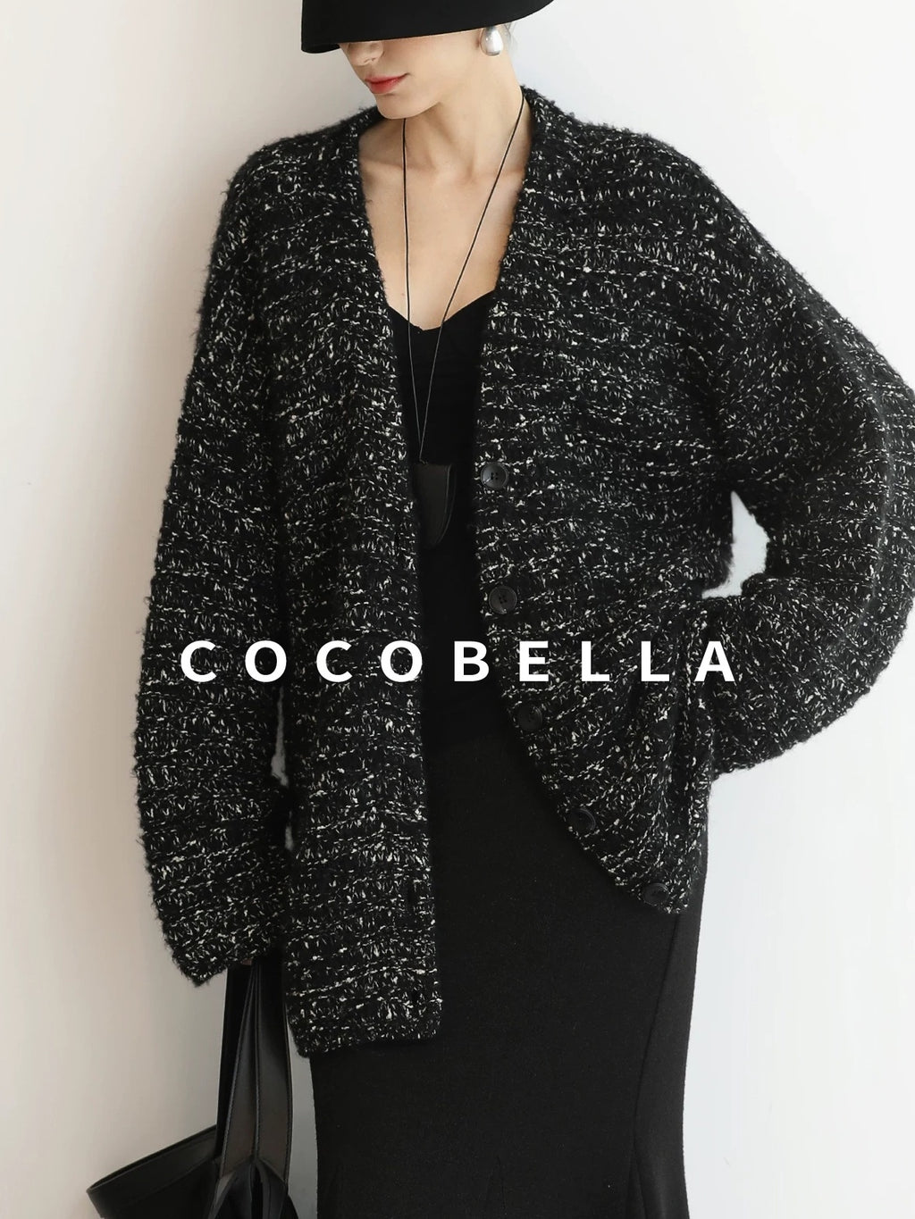COCOBELLA Thick Commuter Loose Fit Mid Length Longsleeve Buttoned Knit Panda Color Sweater