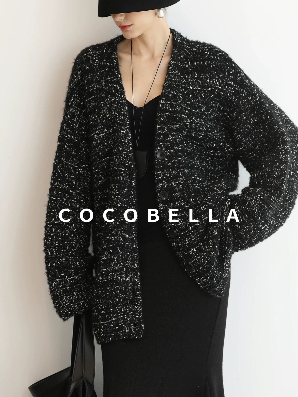 COCOBELLA Thick Commuter Loose Fit Mid Length Longsleeve Buttoned Knit Panda Color Sweater