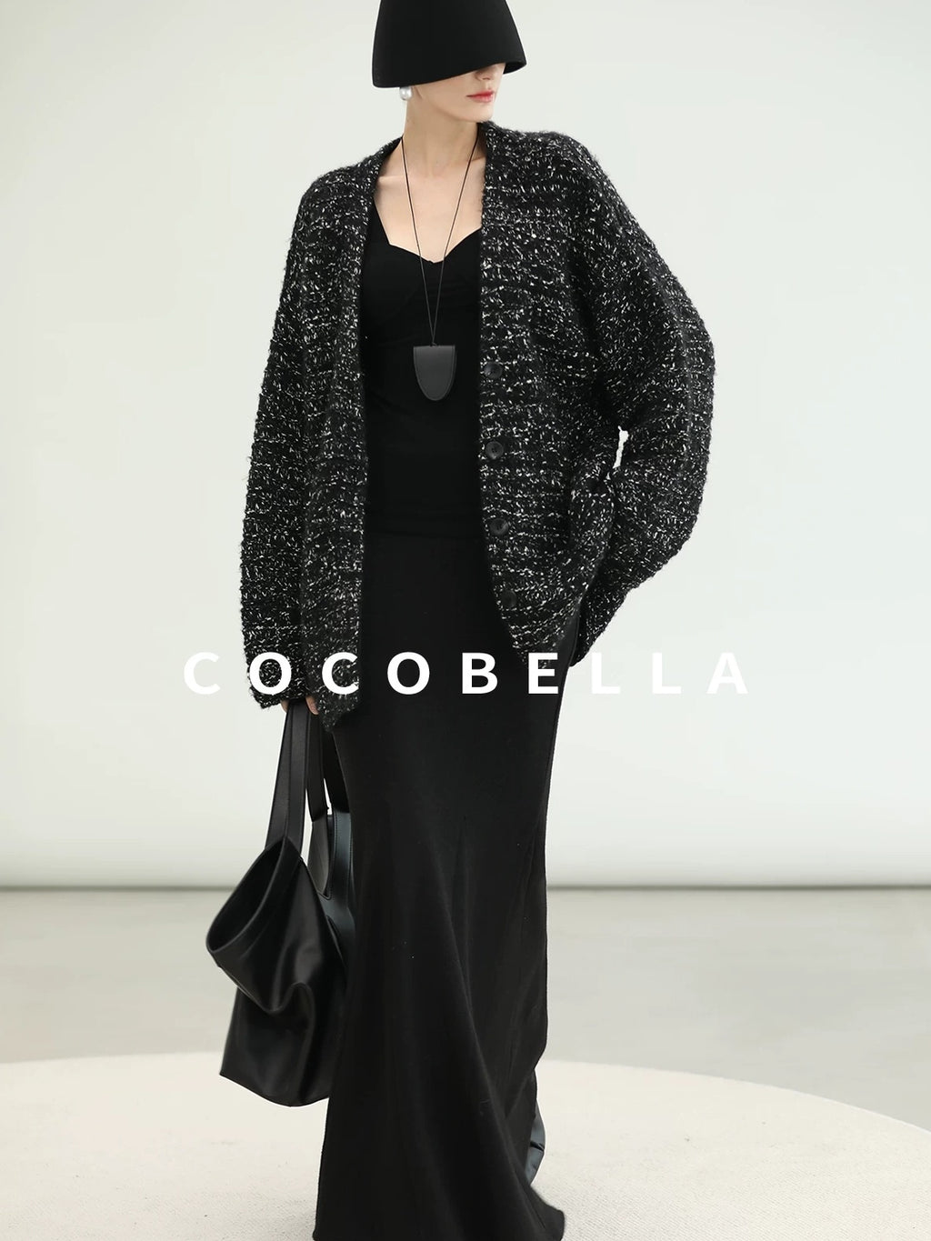 COCOBELLA Thick Commuter Loose Fit Mid Length Longsleeve Buttoned Knit Panda Color Sweater