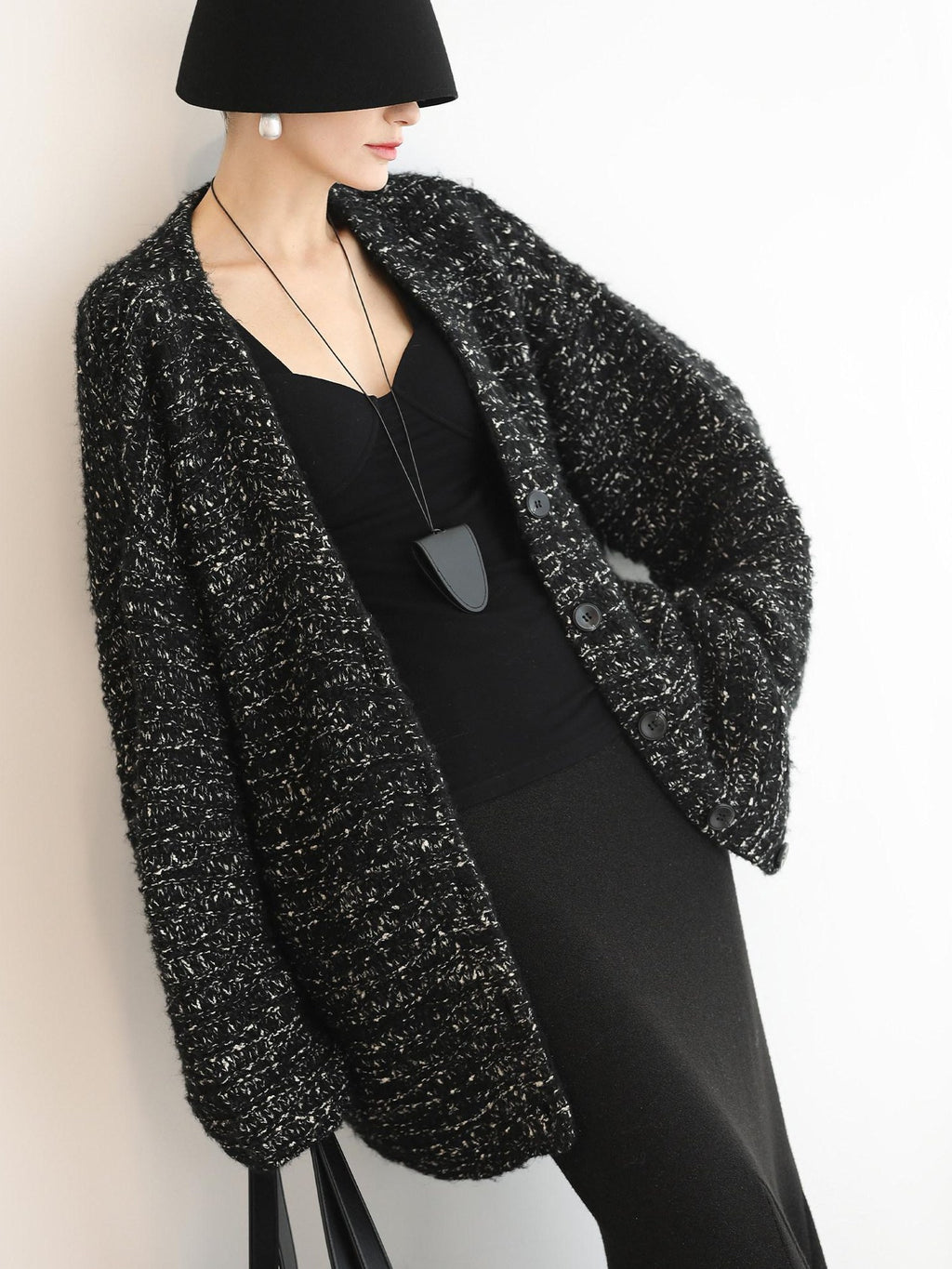 COCOBELLA Thick Commuter Loose Fit Mid Length Longsleeve Buttoned Knit Panda Color Sweater