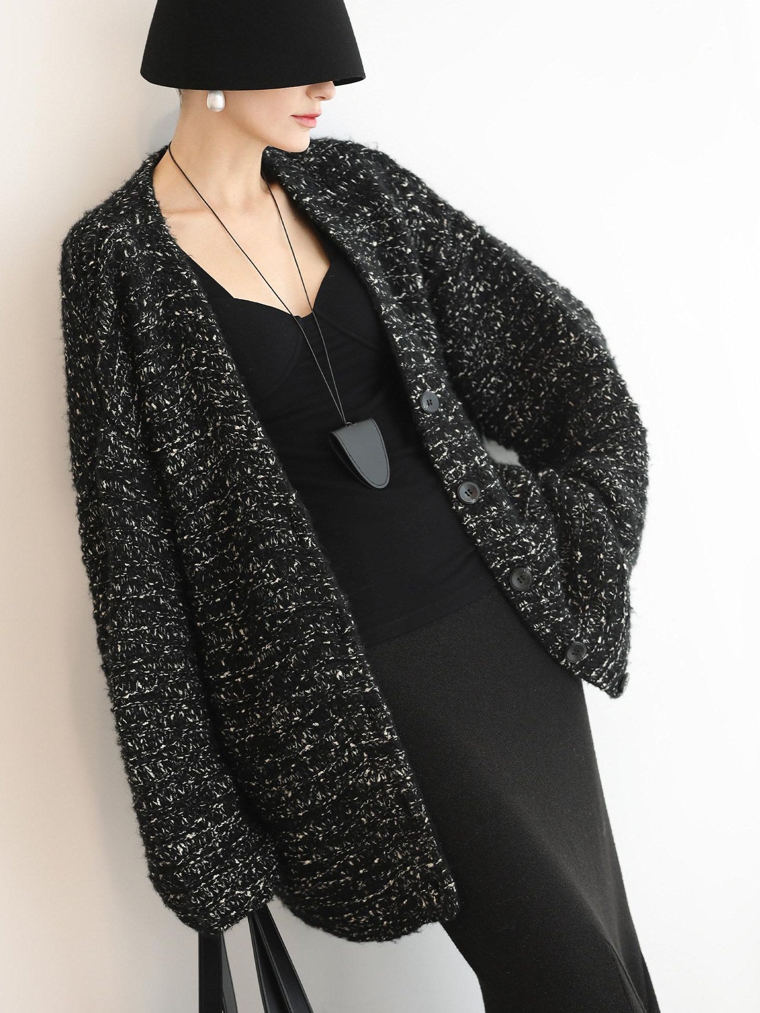 COCOBELLA Thick Commuter Loose Fit Mid Length Longsleeve Buttoned Knit Panda Color Sweater