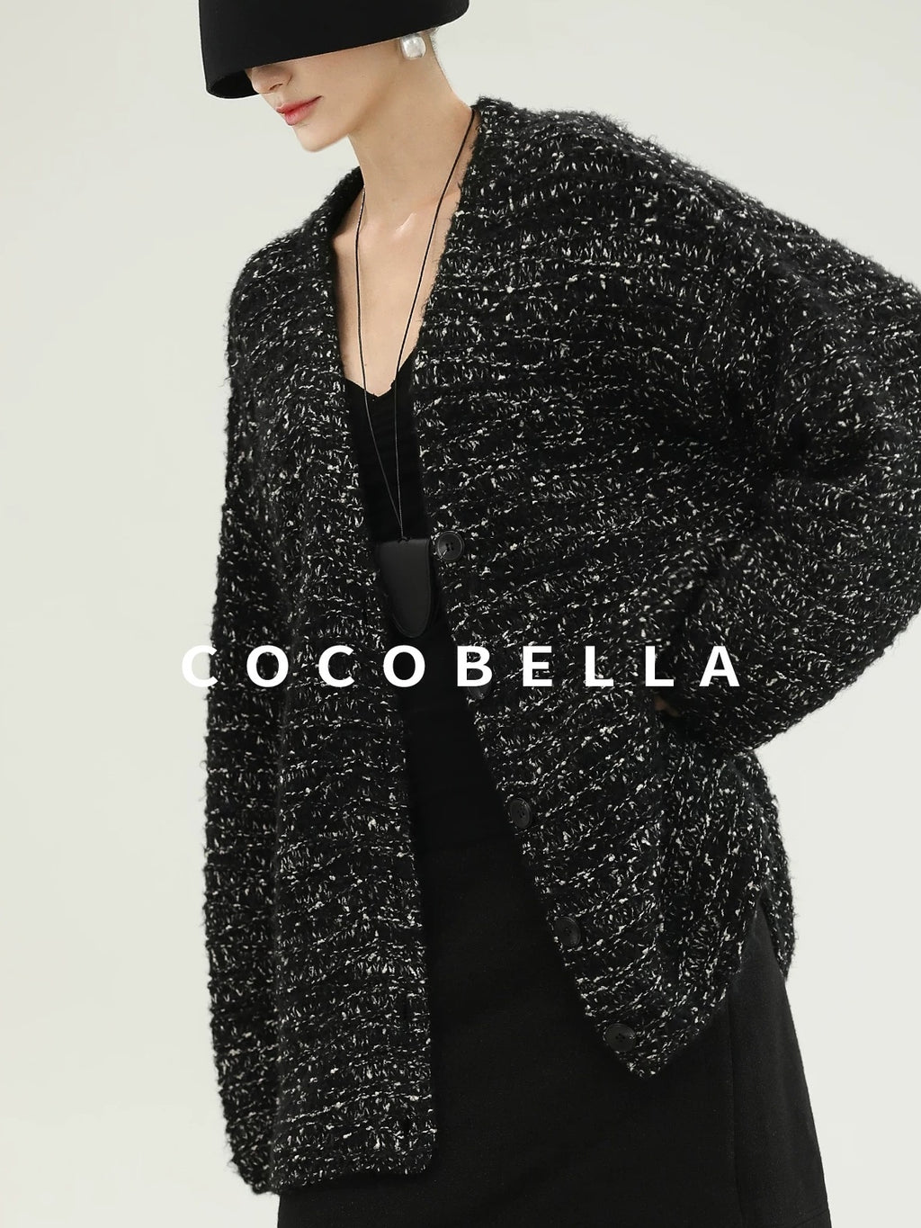 COCOBELLA Thick Commuter Loose Fit Mid Length Longsleeve Buttoned Knit Panda Color Sweater