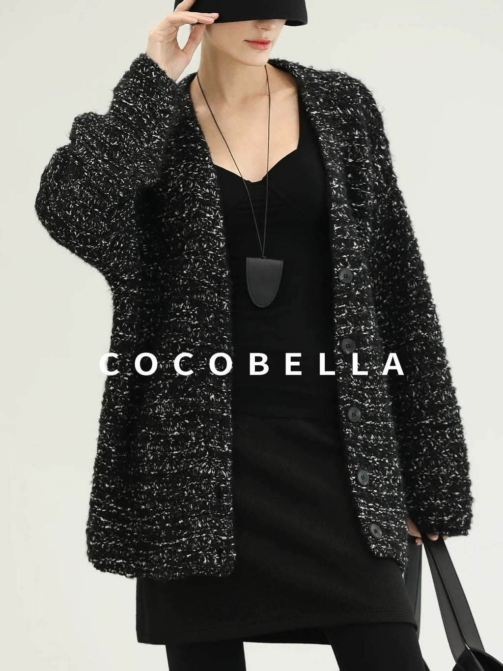 COCOBELLA Thick Commuter Loose Fit Mid Length Longsleeve Buttoned Knit Panda Color Sweater