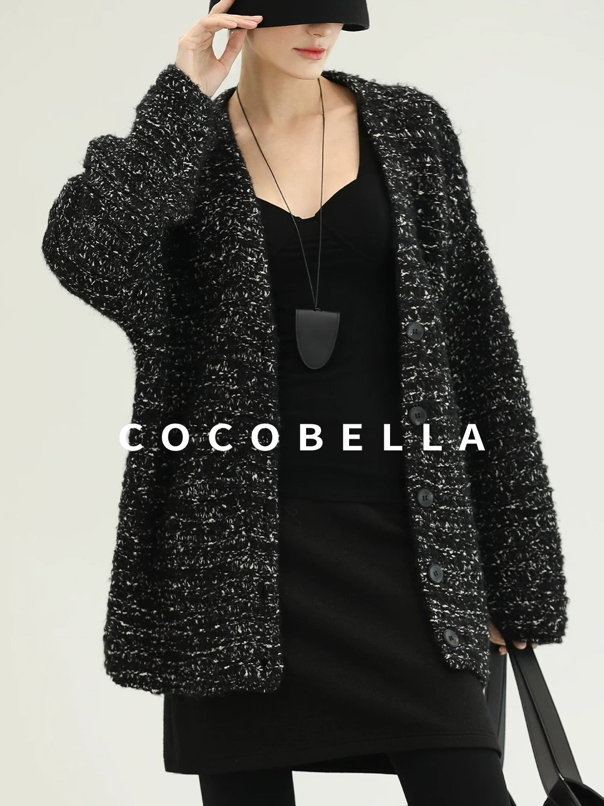 COCOBELLA Thick Commuter Loose Fit Mid Length Longsleeve Buttoned Knit Panda Color Sweater