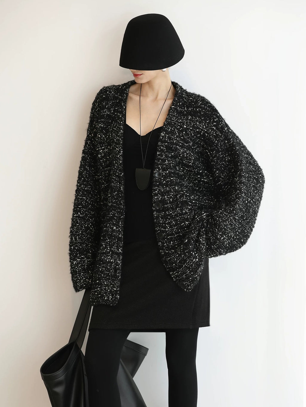 COCOBELLA Thick Commuter Loose Fit Mid Length Longsleeve Buttoned Knit Panda Color Sweater