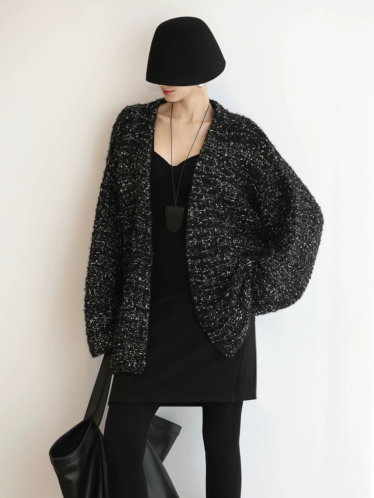 COCOBELLA Thick Commuter Loose Fit Mid Length Longsleeve Buttoned Knit Panda Color Sweater