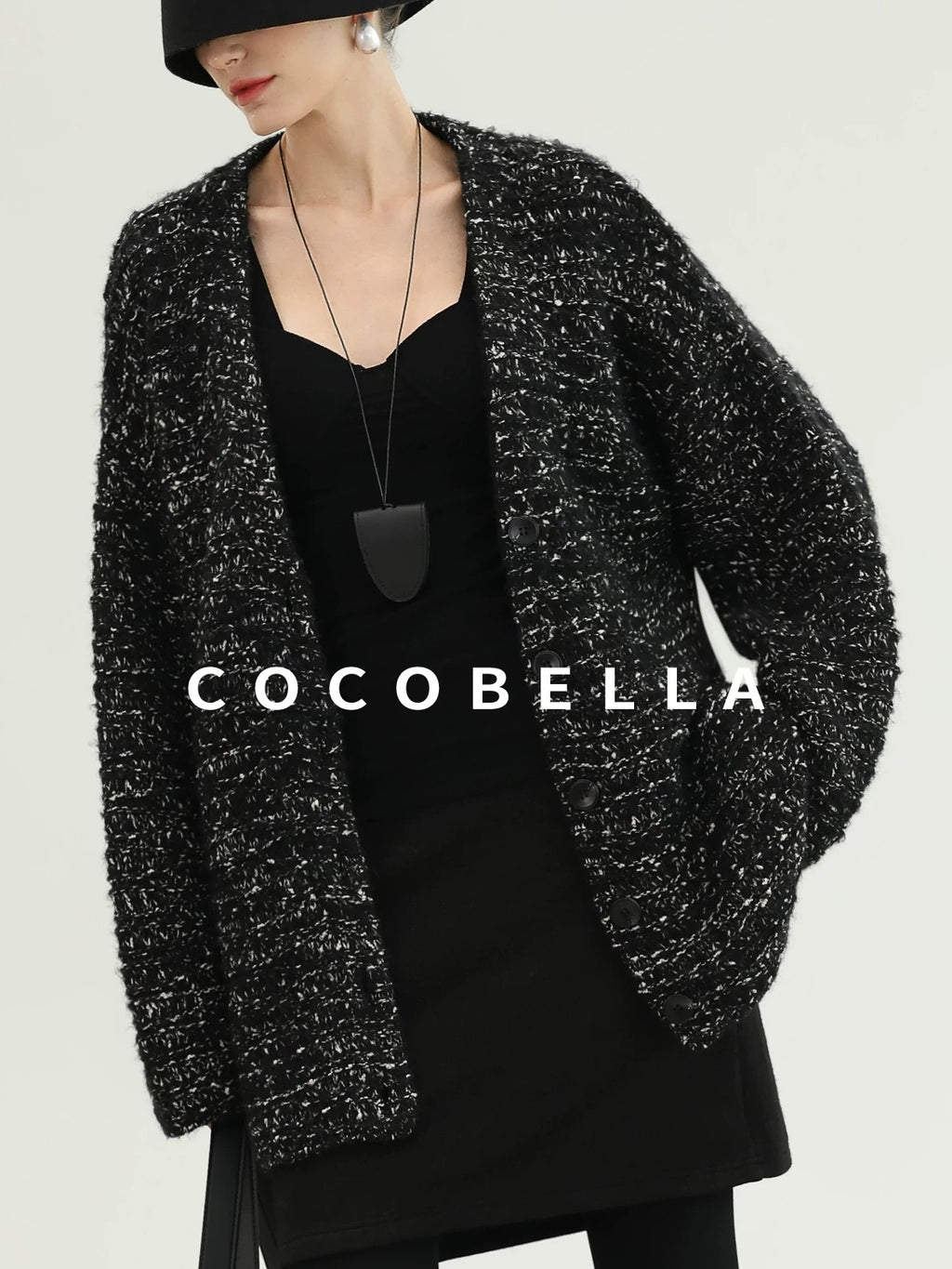 COCOBELLA Thick Commuter Loose Fit Mid Length Longsleeve Buttoned Knit Panda Color Sweater