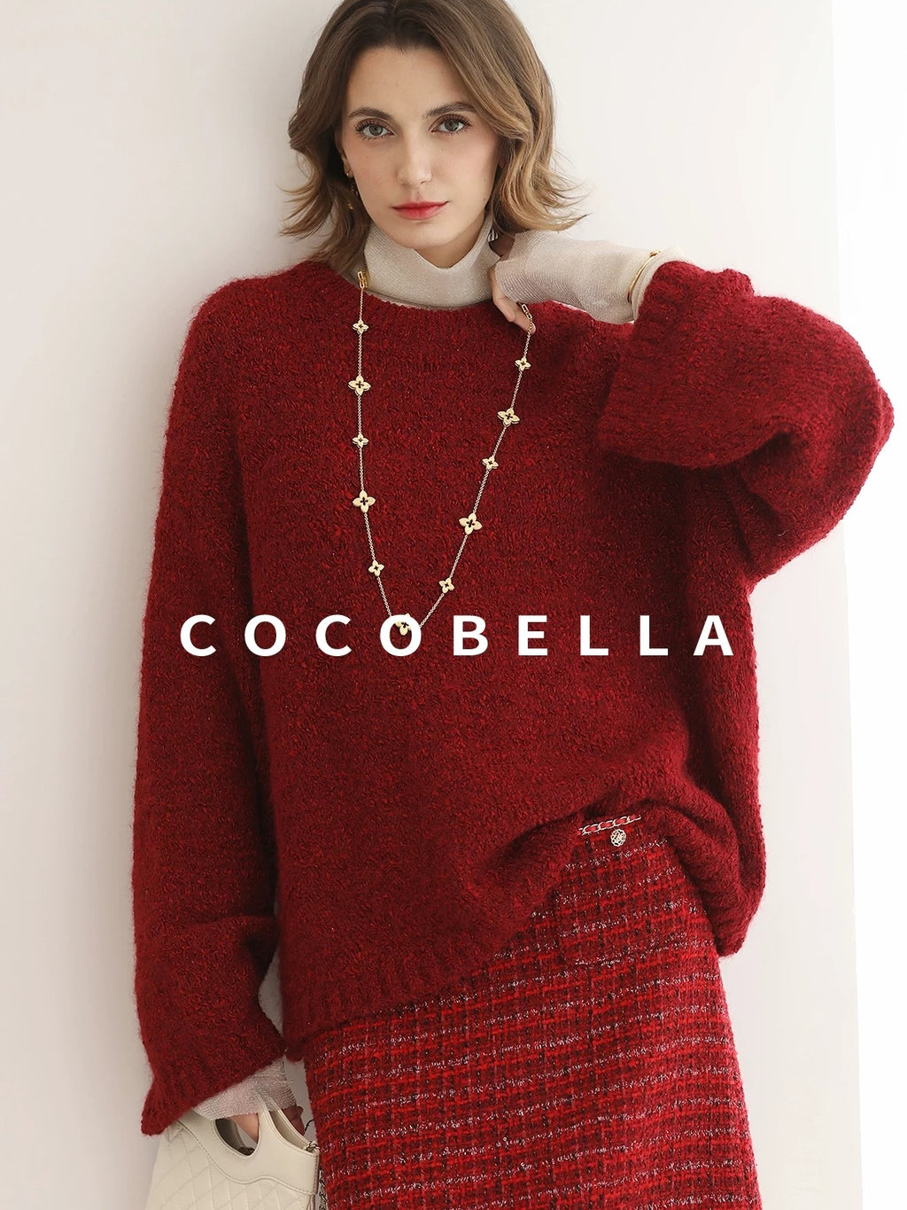 COCOBELLA Thick Cozy Knit Loose Fit Office Round Neck For Women Cherry Red Sweater