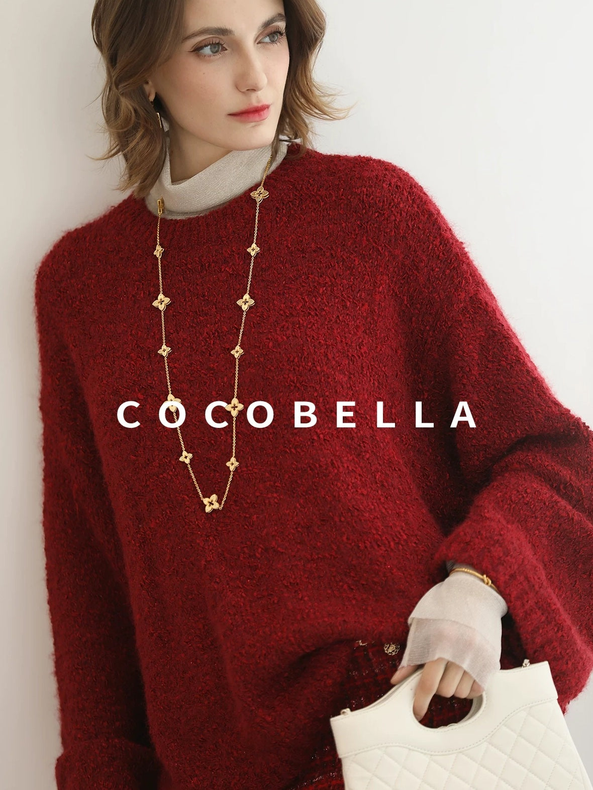 COCOBELLA Thick Cozy Knit Loose Fit Office Round Neck For Women Cherry Red Sweater