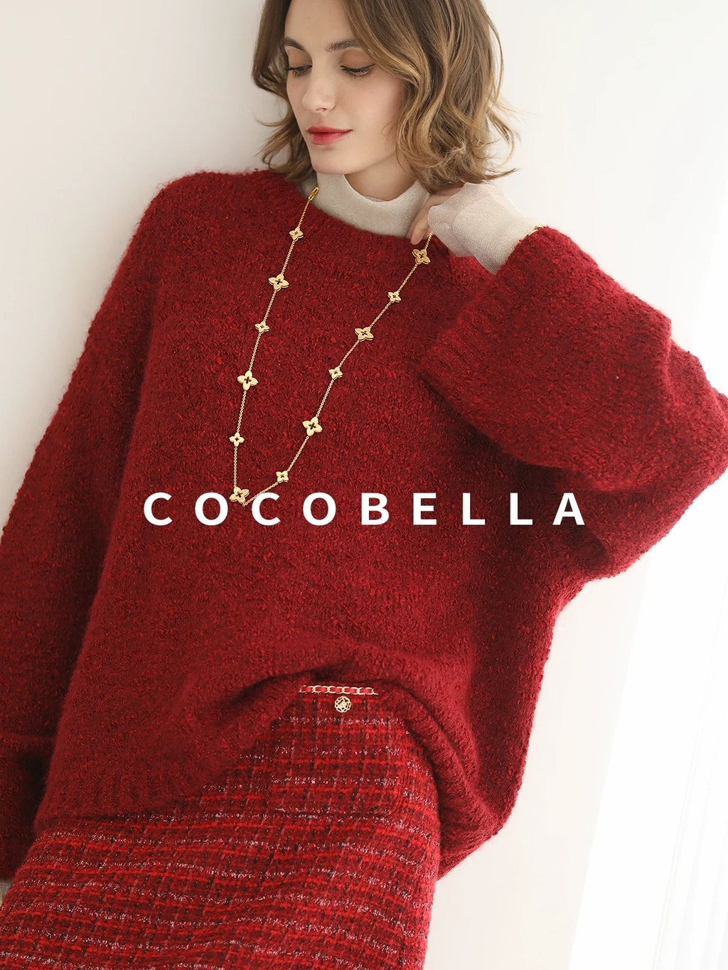 COCOBELLA Thick Cozy Knit Loose Fit Office Round Neck For Women Cherry Red Sweater