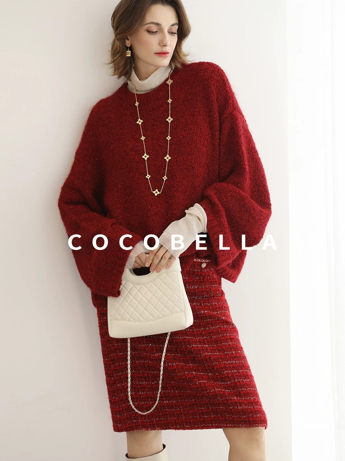 COCOBELLA Thick Cozy Knit Loose Fit Office Round Neck For Women Cherry Red Sweater