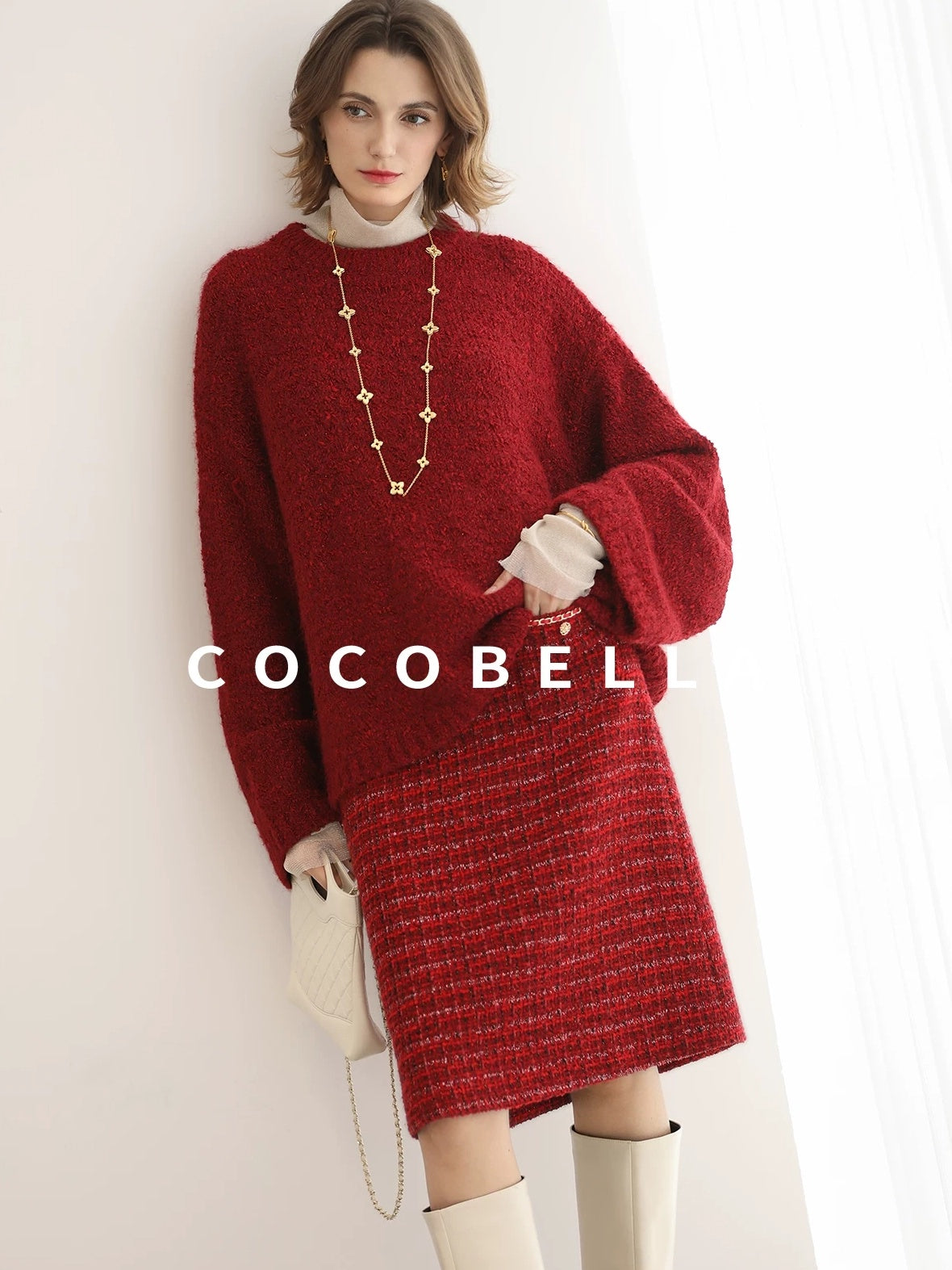COCOBELLA Thick Cozy Knit Loose Fit Office Round Neck For Women Cherry Red Sweater