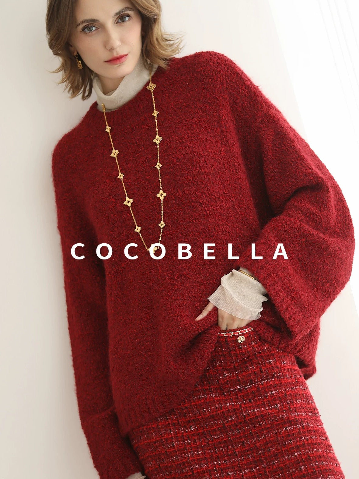 COCOBELLA Thick Cozy Knit Loose Fit Office Round Neck For Women Cherry Red Sweater