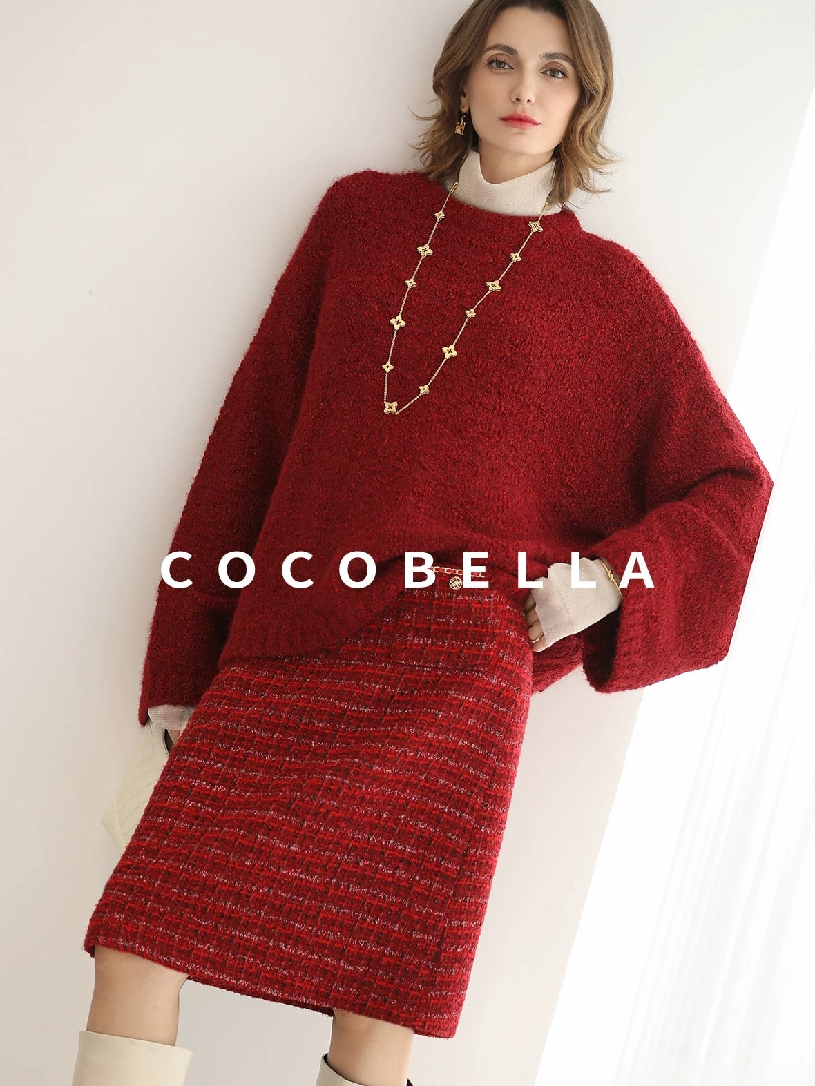 COCOBELLA Thick Cozy Knit Loose Fit Office Round Neck For Women Cherry Red Sweater
