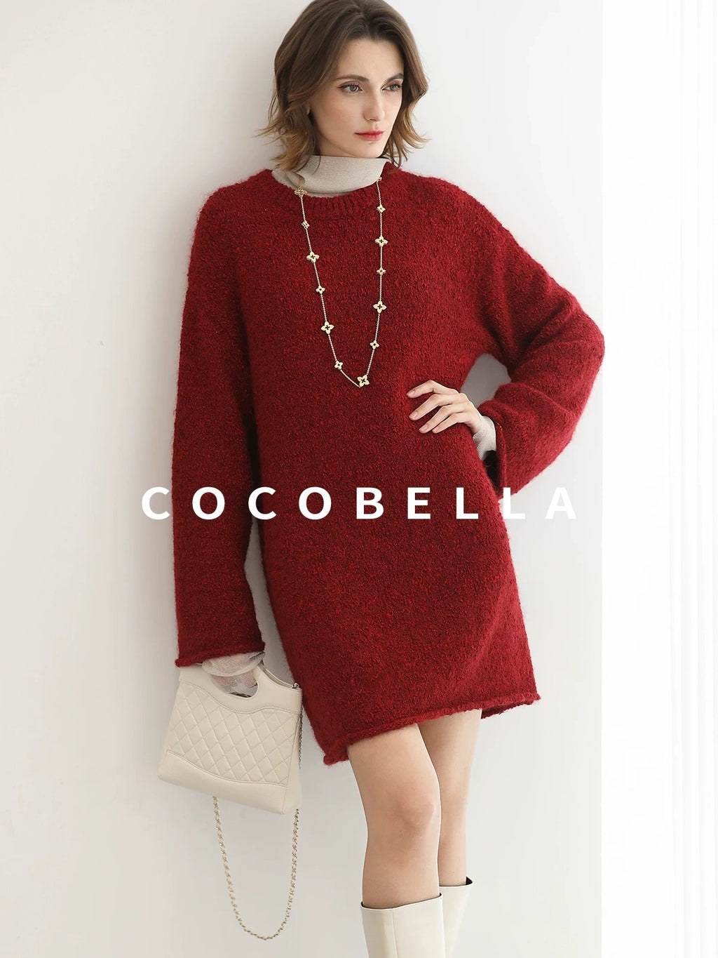 COCOBELLA Thick Cozy Knit Loose Fit Office Round Neck For Women Cherry Red Sweater