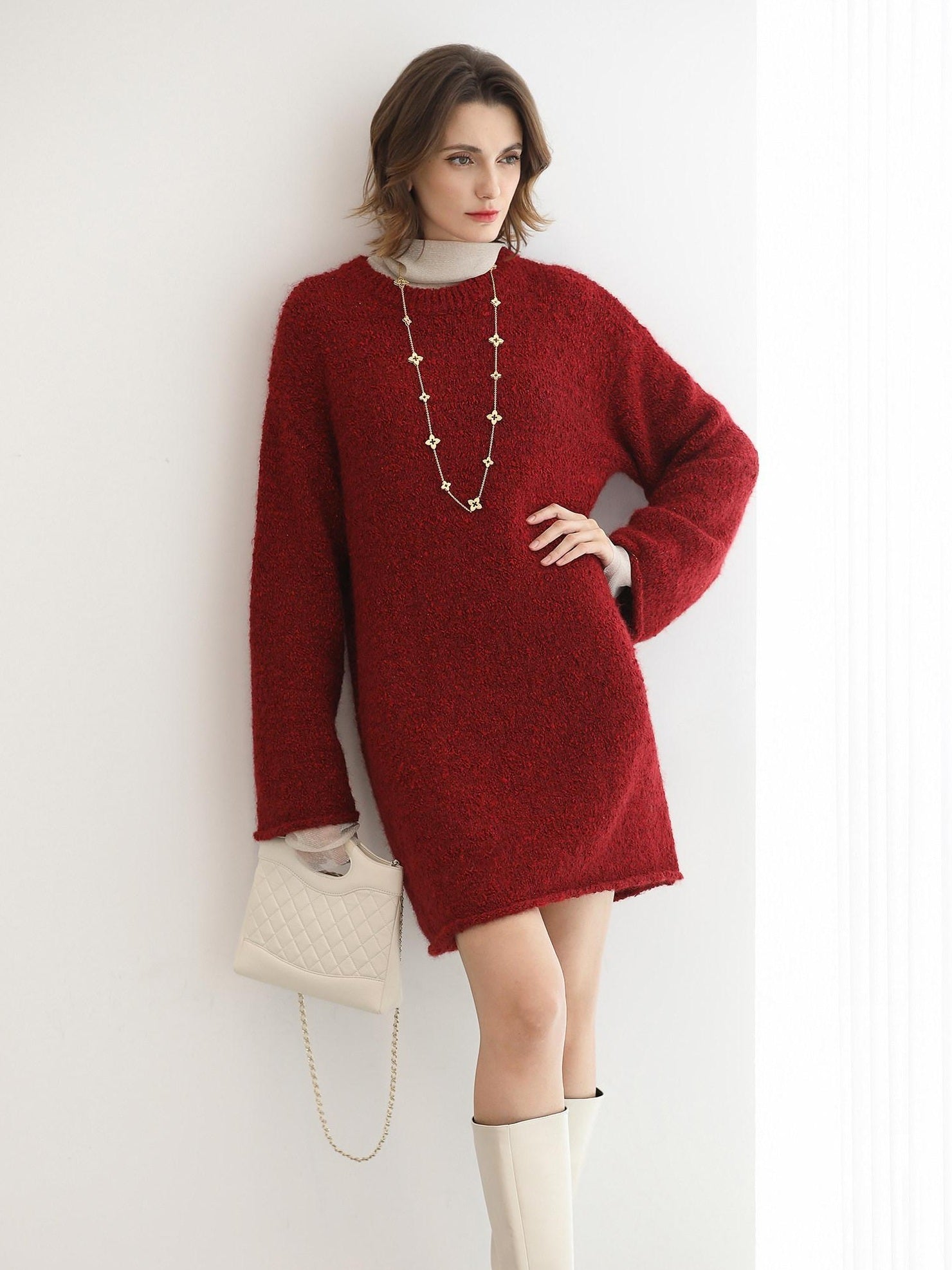 COCOBELLA Thick Cozy Knit Loose Fit Office Round Neck For Women Cherry Red Sweater