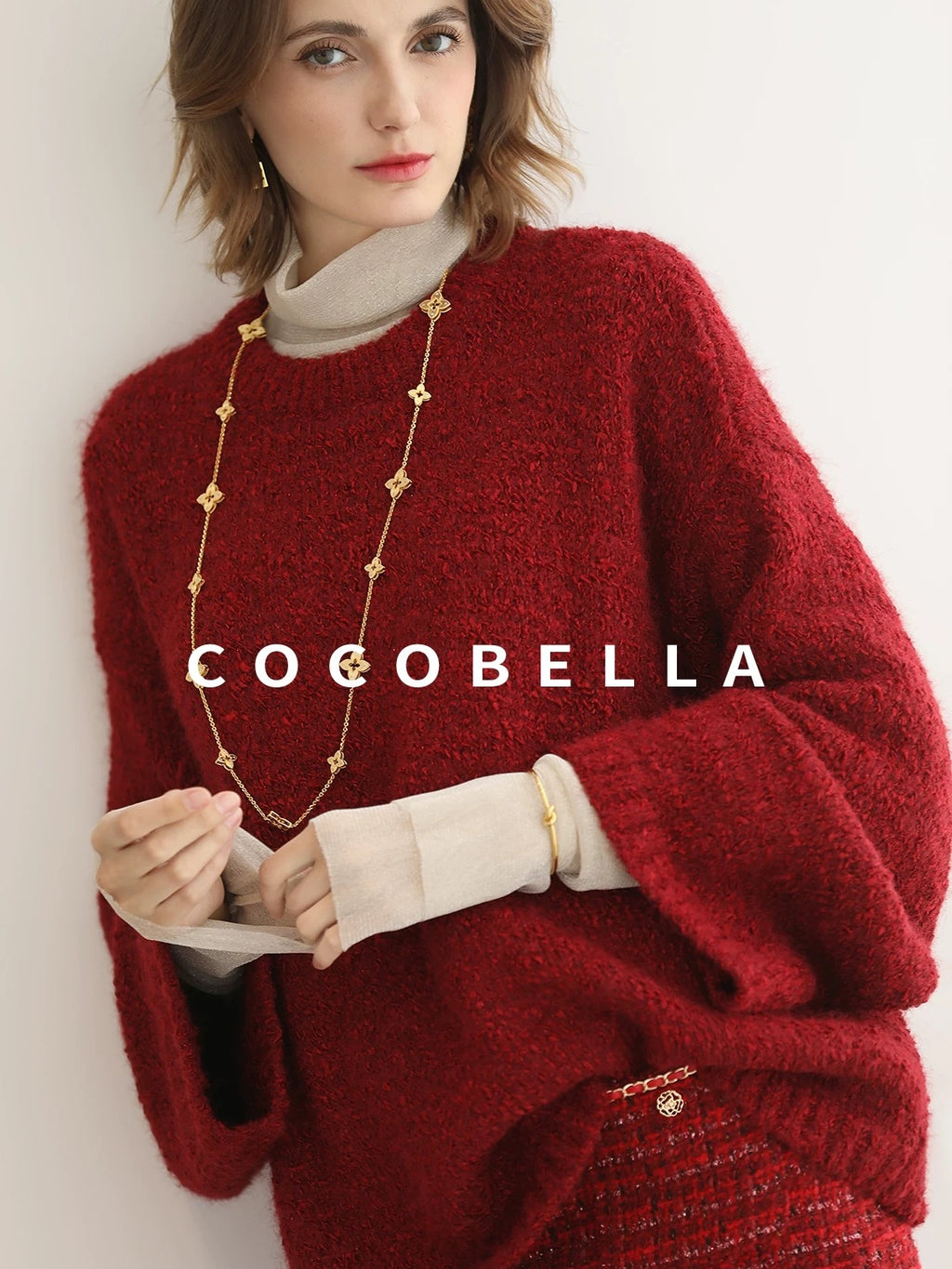 COCOBELLA Thick Cozy Knit Loose Fit Office Round Neck For Women Cherry Red Sweater