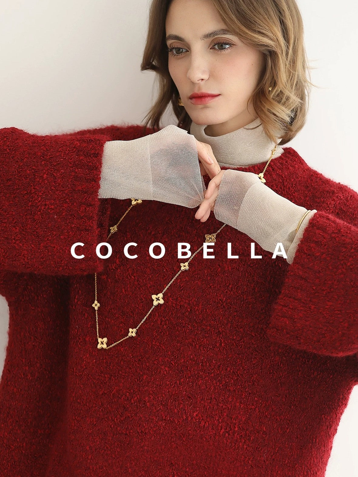 COCOBELLA Thick Cozy Knit Loose Fit Office Round Neck For Women Cherry Red Sweater