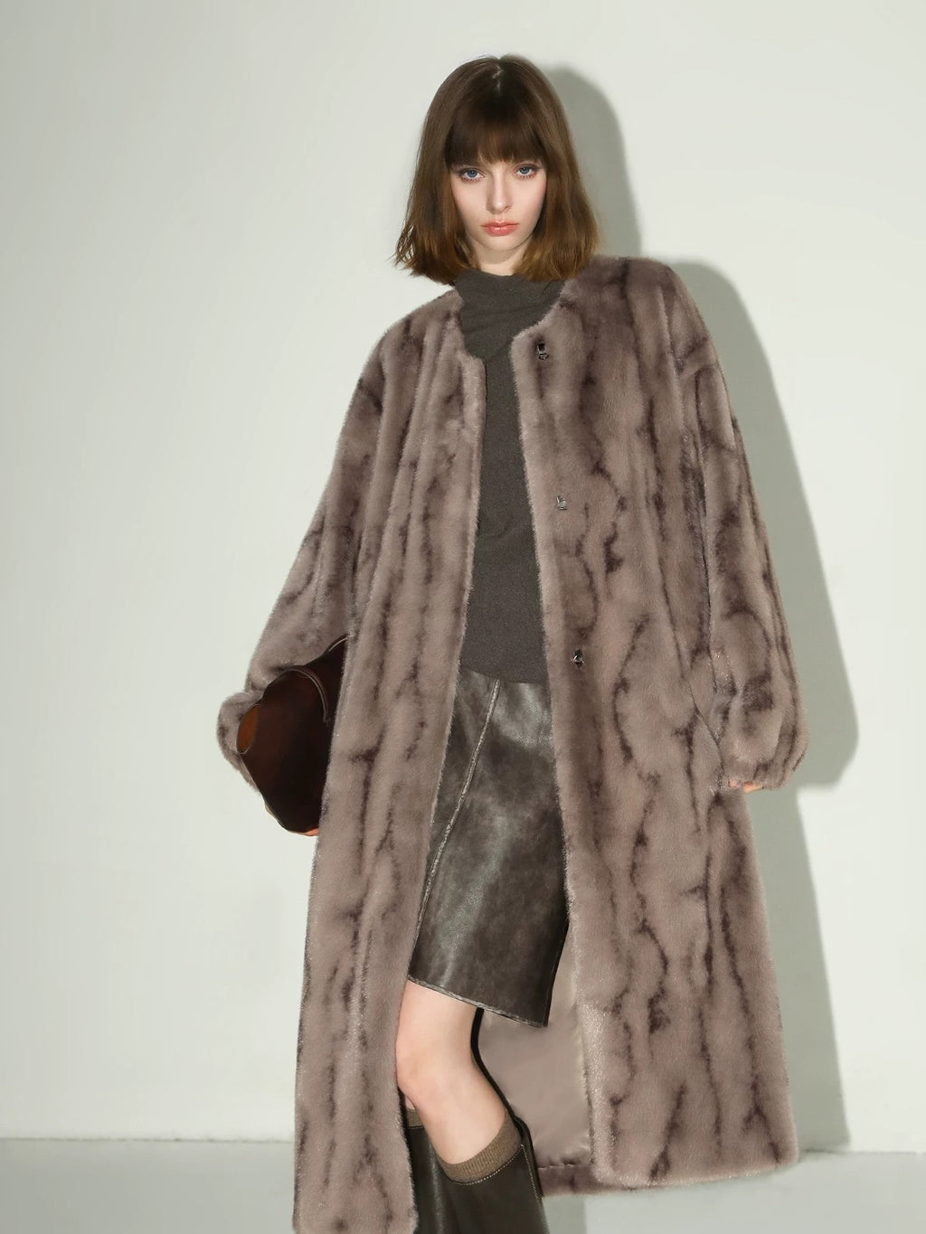 COCOBELLA Thick Faux Fur Longline Loose Fit Round Neck Office Ladies Mink Coats