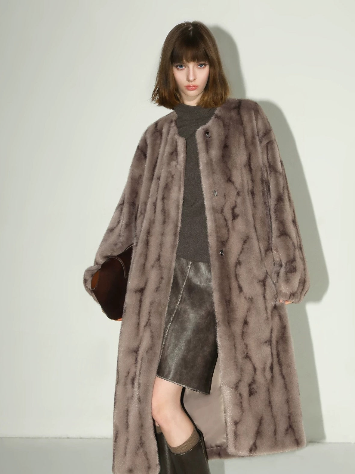 COCOBELLA Thick Faux Fur Longline Loose Fit Round Neck Office Ladies Mink Coats