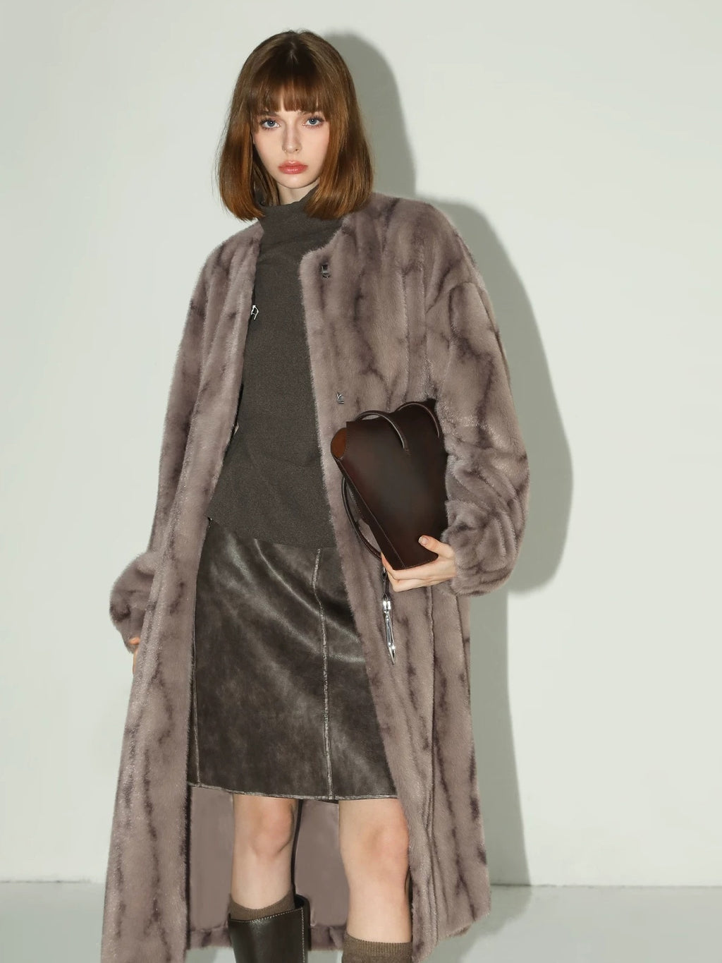 COCOBELLA Thick Faux Fur Longline Loose Fit Round Neck Office Ladies Mink Coats
