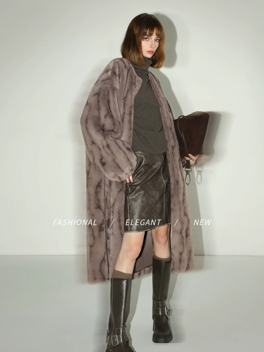 COCOBELLA Thick Faux Fur Longline Loose Fit Round Neck Office Ladies Mink Coats