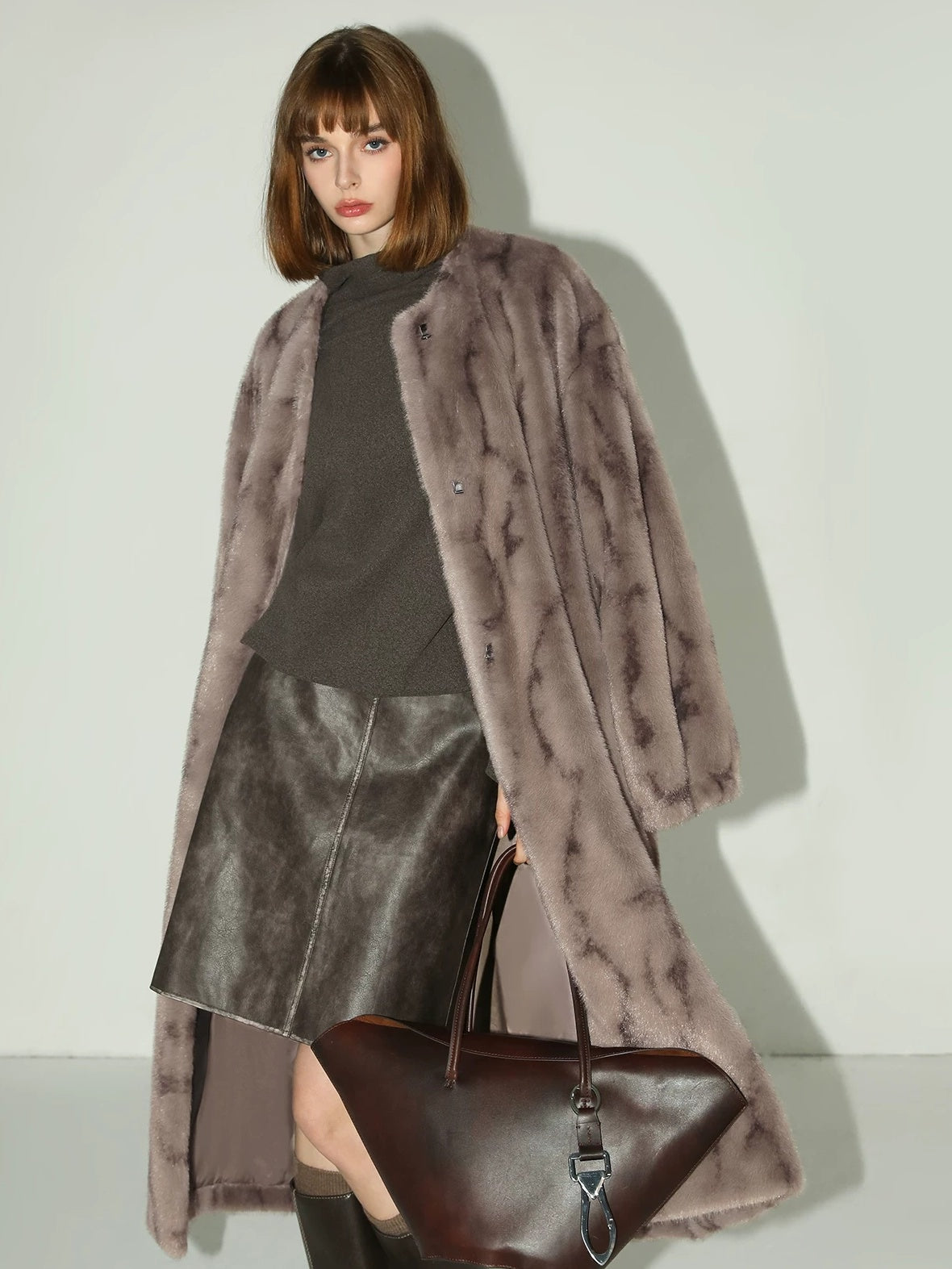 COCOBELLA Thick Faux Fur Longline Loose Fit Round Neck Office Ladies Mink Coats