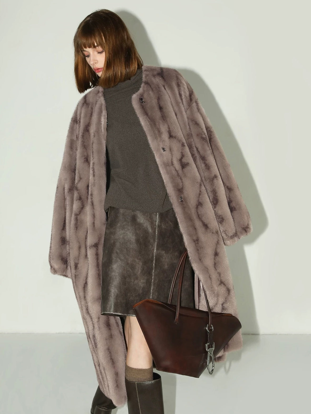 COCOBELLA Thick Faux Fur Longline Loose Fit Round Neck Office Ladies Mink Coats