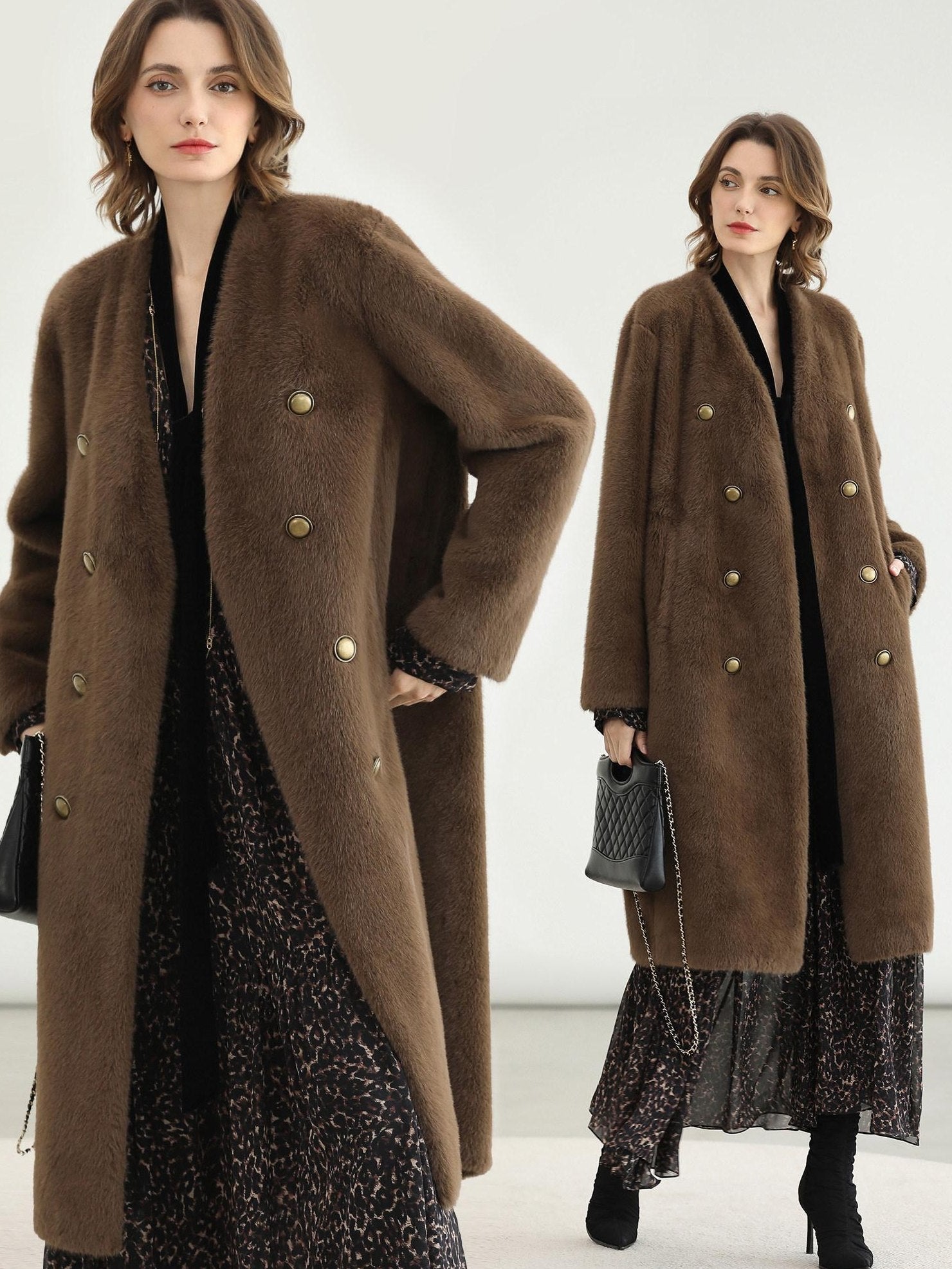 COCOBELLA Thick Faux Fur Vintage Straight Midlength V Neck Women Chocolate Coats