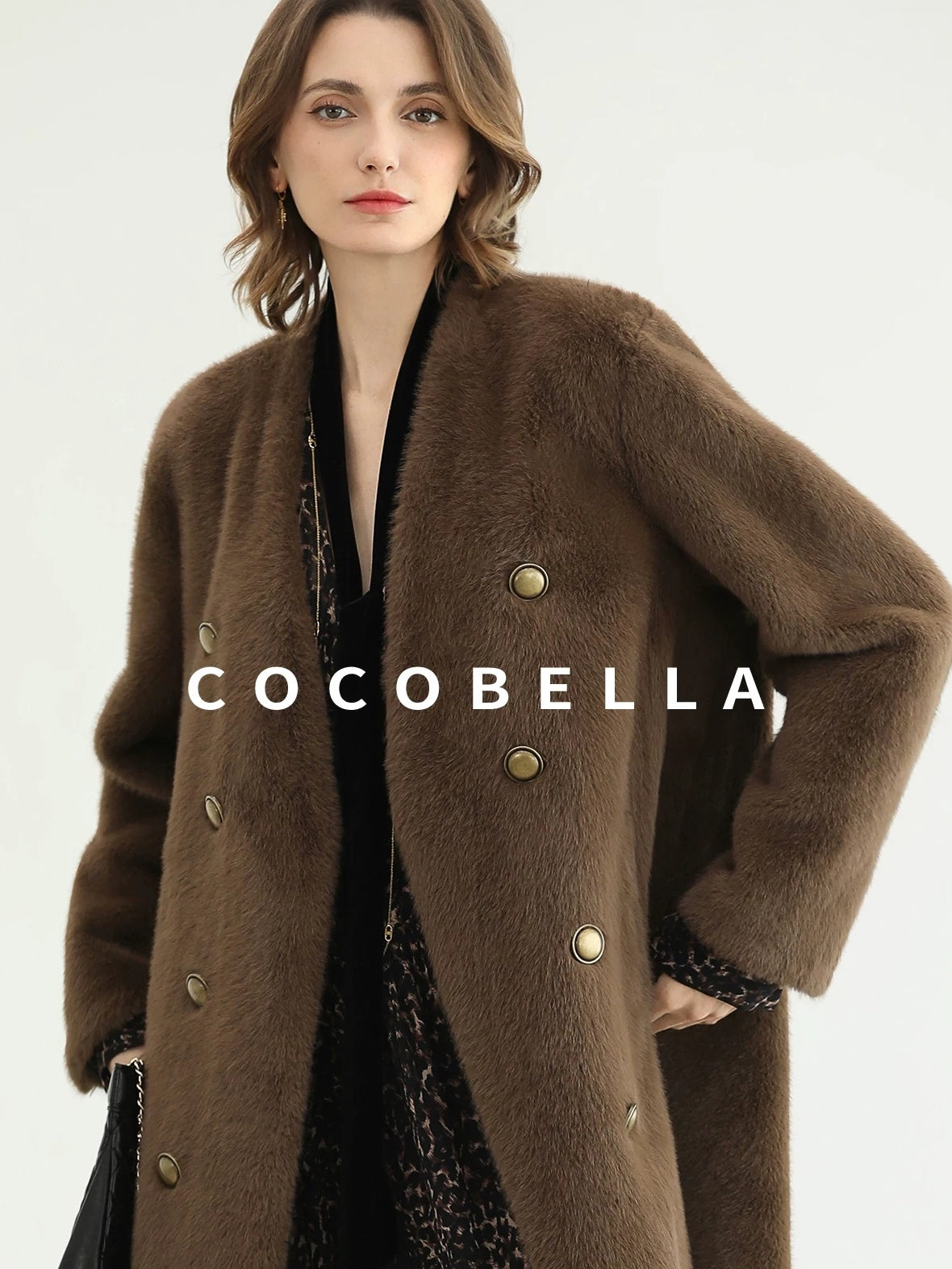 COCOBELLA Thick Faux Fur Vintage Straight Midlength V Neck Women Chocolate Coats