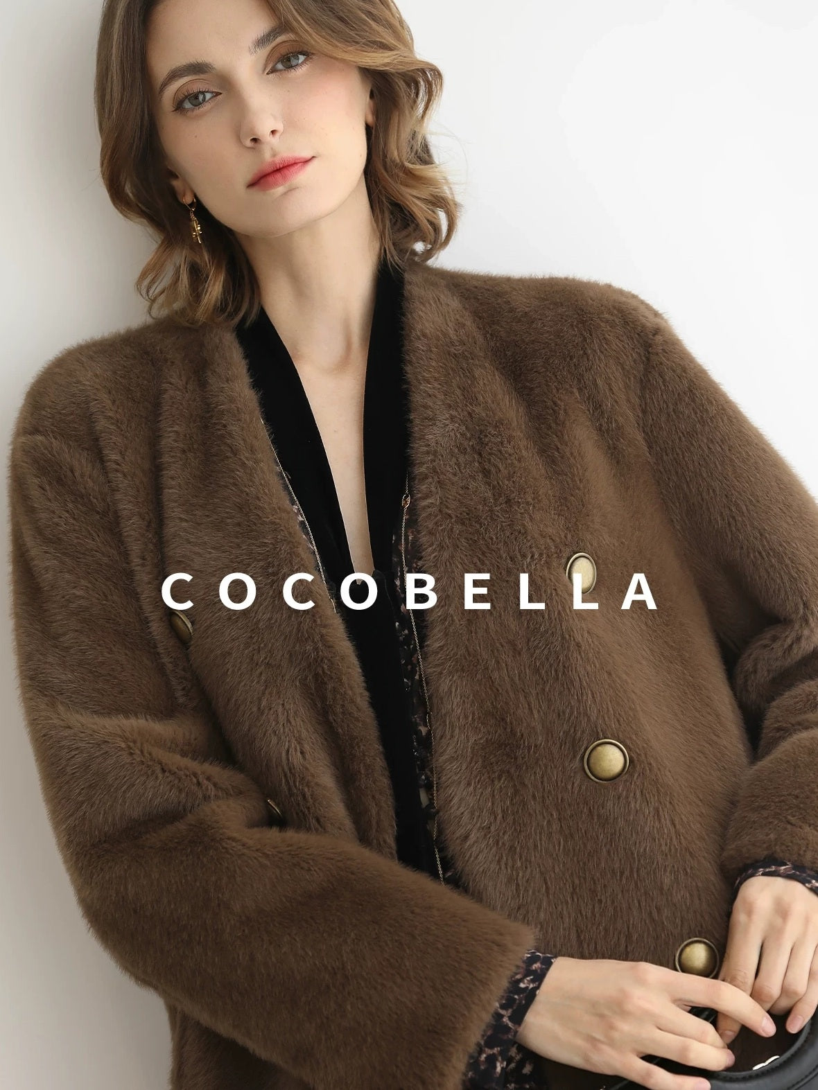 COCOBELLA Thick Faux Fur Vintage Straight Midlength V Neck Women Chocolate Coats