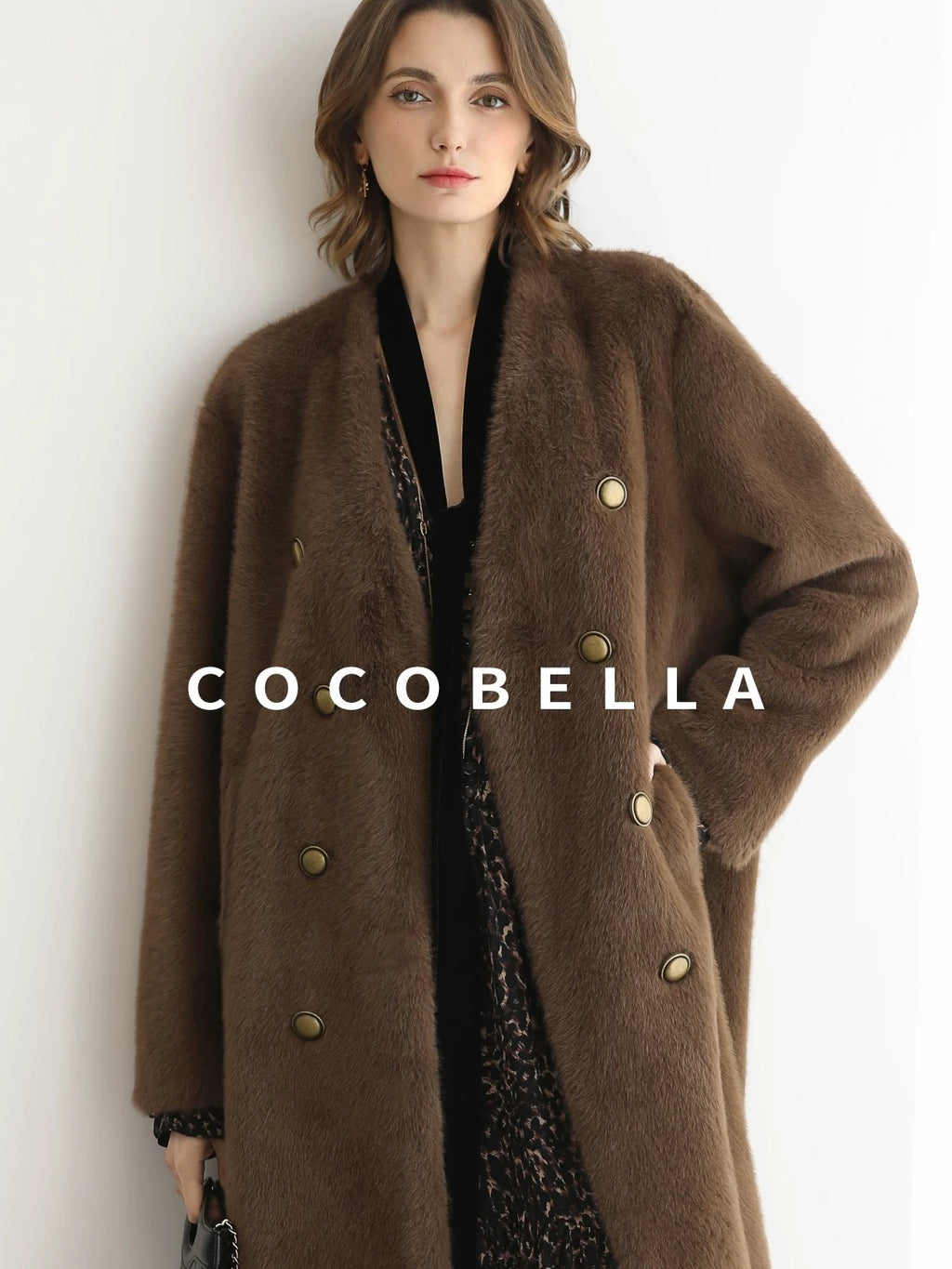 COCOBELLA Thick Faux Fur Vintage Straight Midlength V Neck Women Chocolate Coats