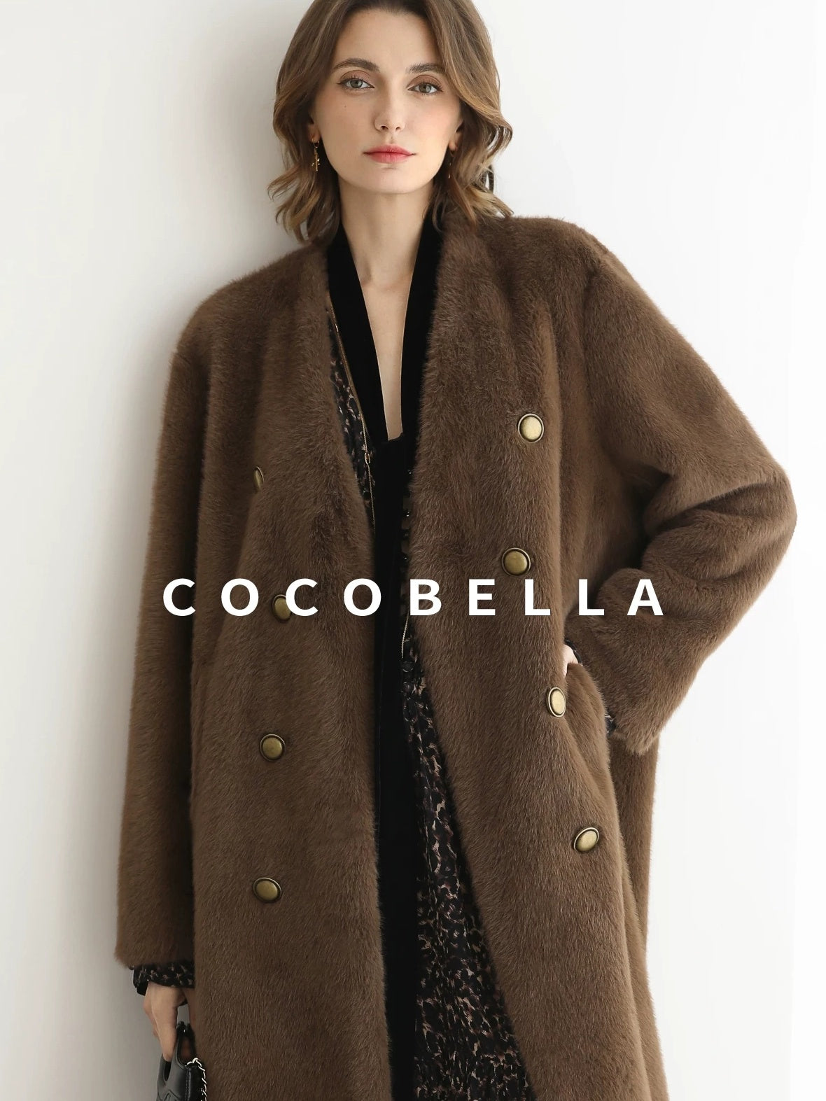 COCOBELLA Thick Faux Fur Vintage Straight Midlength V Neck Women Chocolate Coats