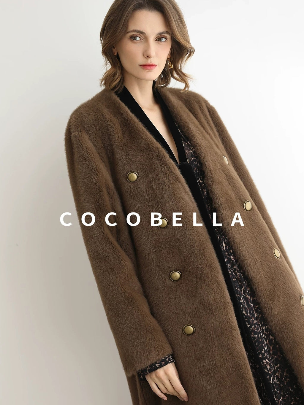 COCOBELLA Thick Faux Fur Vintage Straight Midlength V Neck Women Chocolate Coats