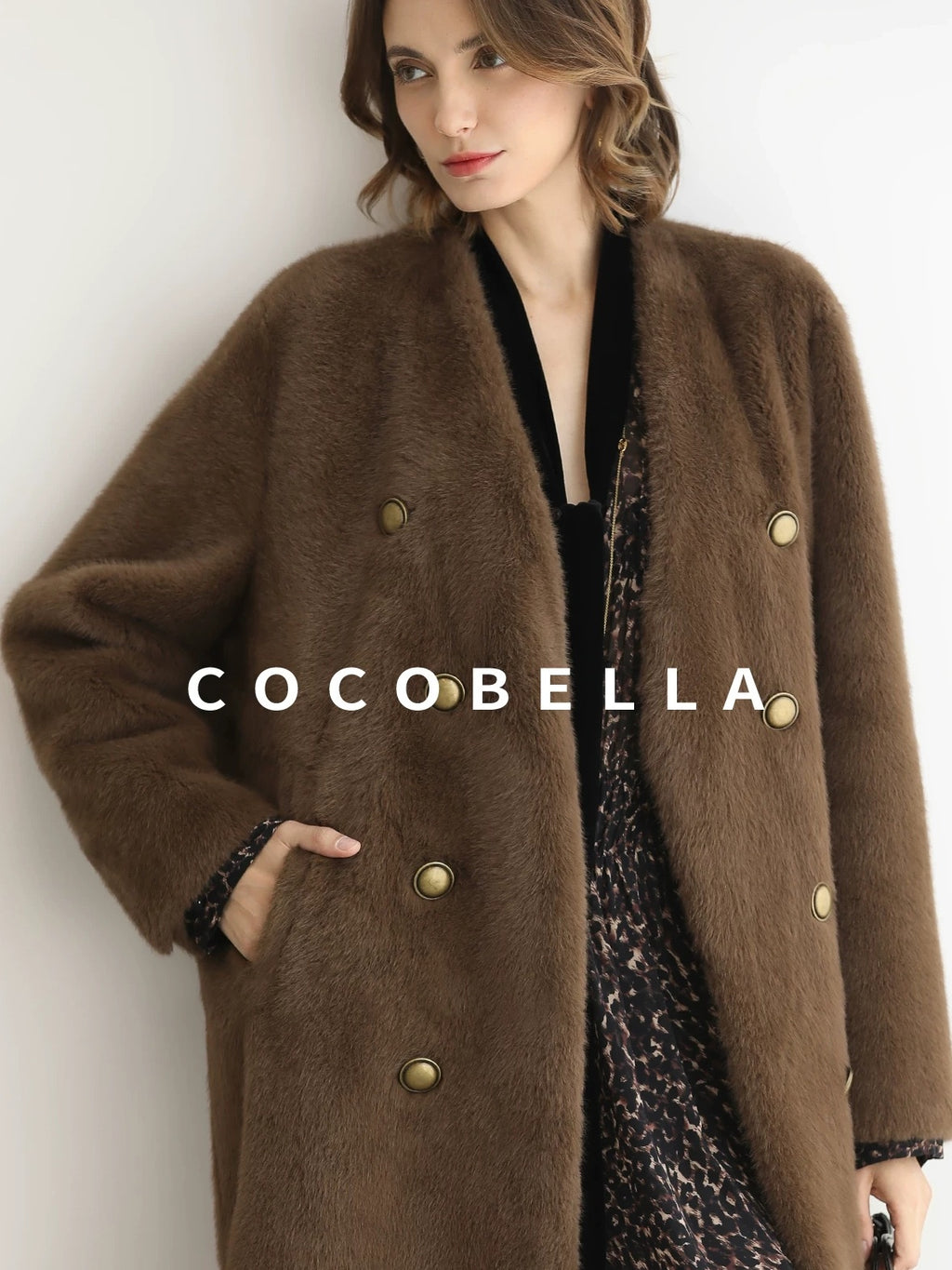 COCOBELLA Thick Faux Fur Vintage Straight Midlength V Neck Women Chocolate Coats