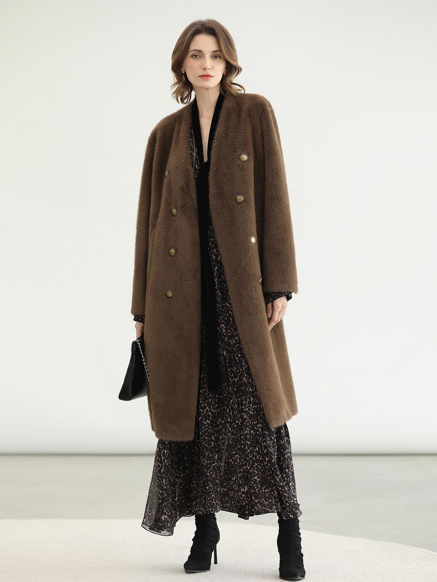 COCOBELLA Thick Faux Fur Vintage Straight Midlength V Neck Women Chocolate Coats