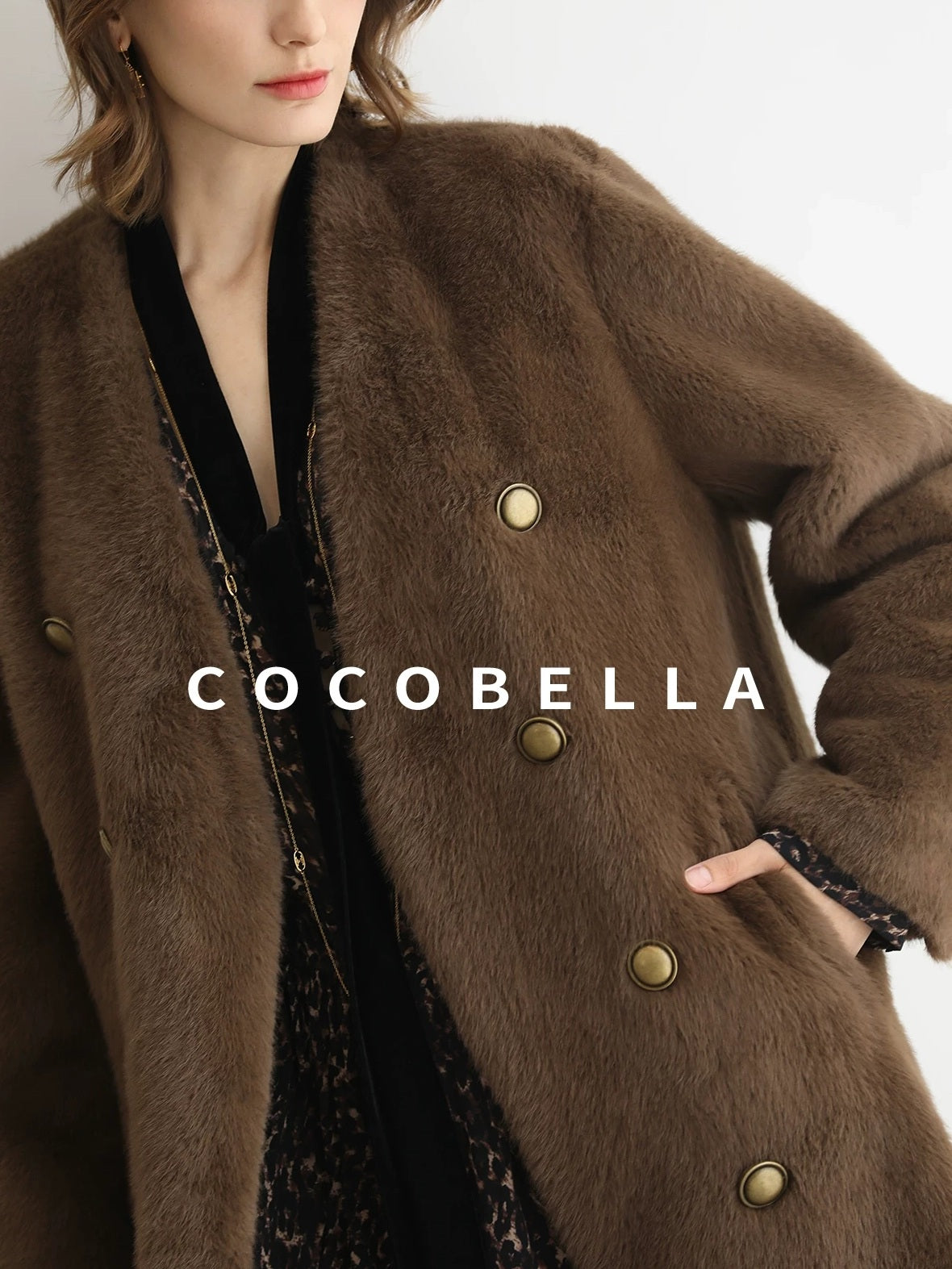 COCOBELLA Thick Faux Fur Vintage Straight Midlength V Neck Women Chocolate Coats