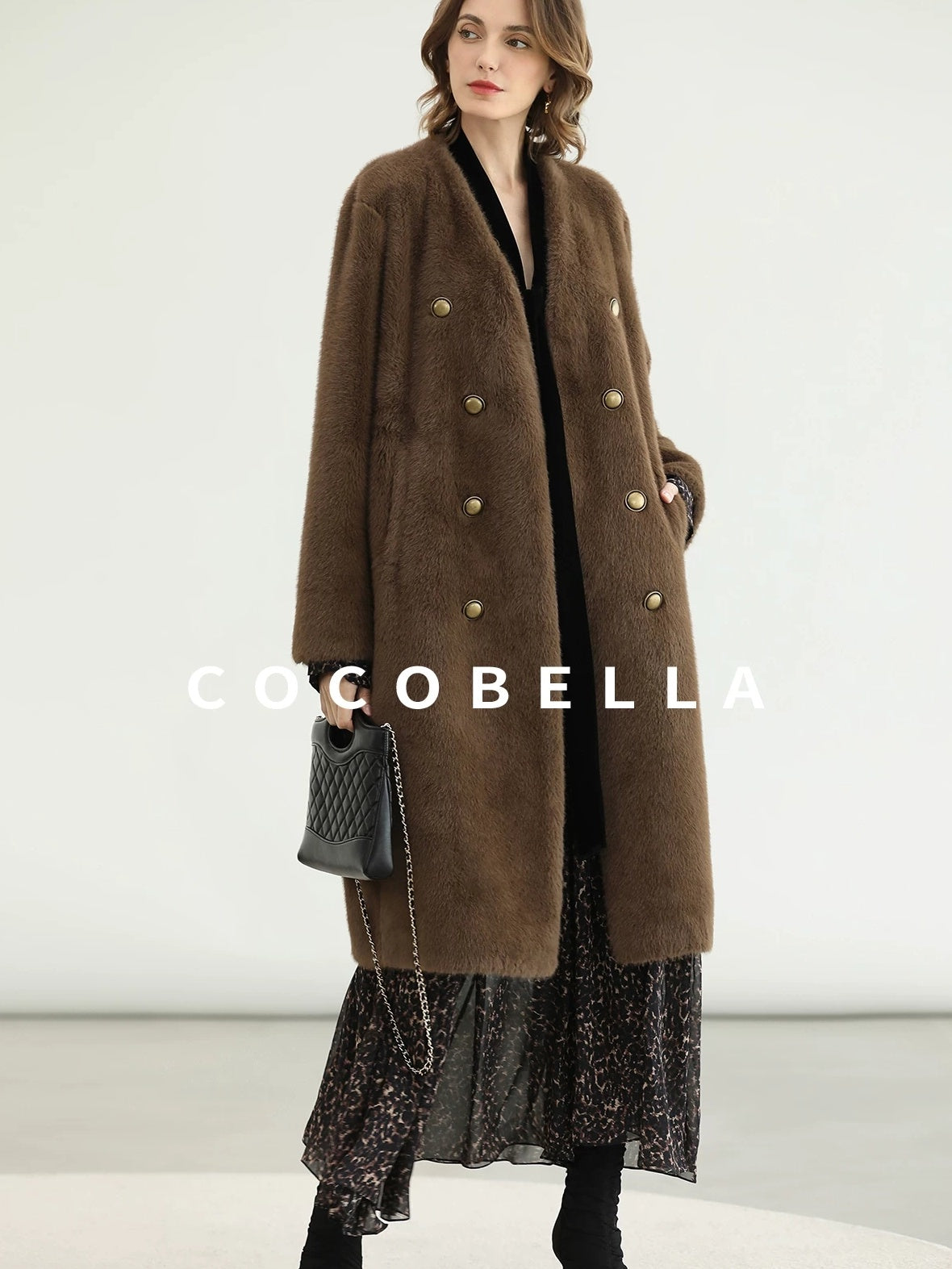 COCOBELLA Thick Faux Fur Vintage Straight Midlength V Neck Women Chocolate Coats