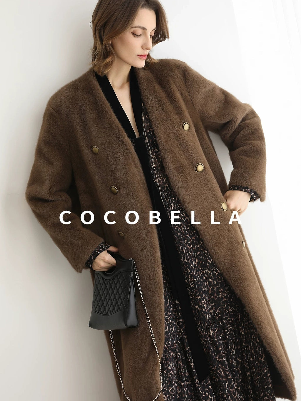 COCOBELLA Thick Faux Fur Vintage Straight Midlength V Neck Women Chocolate Coats