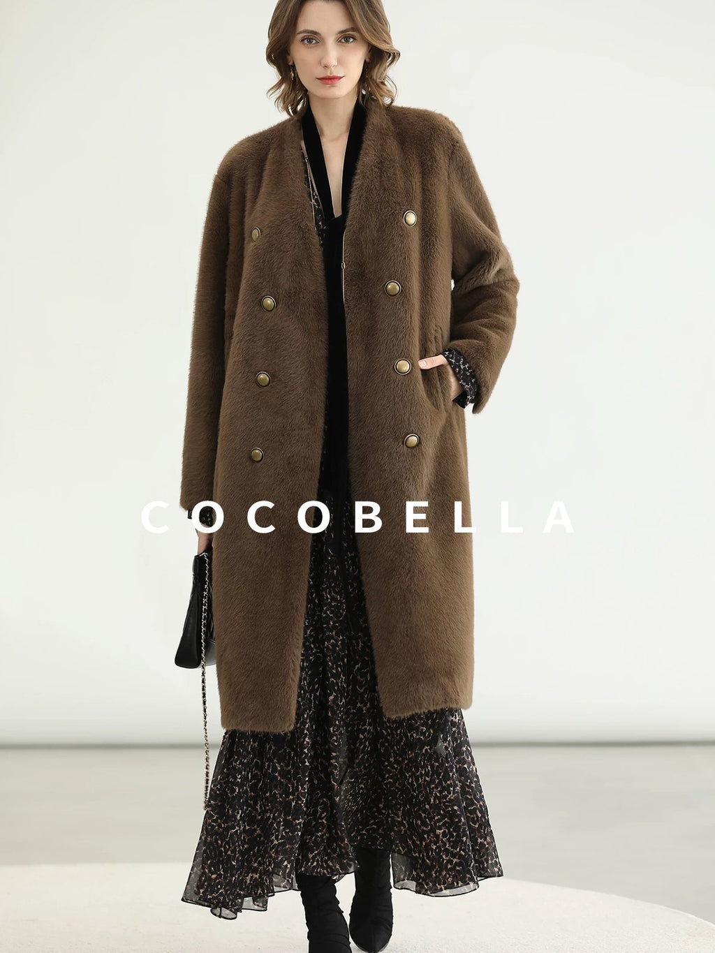 COCOBELLA Thick Faux Fur Vintage Straight Midlength V Neck Women Chocolate Coats